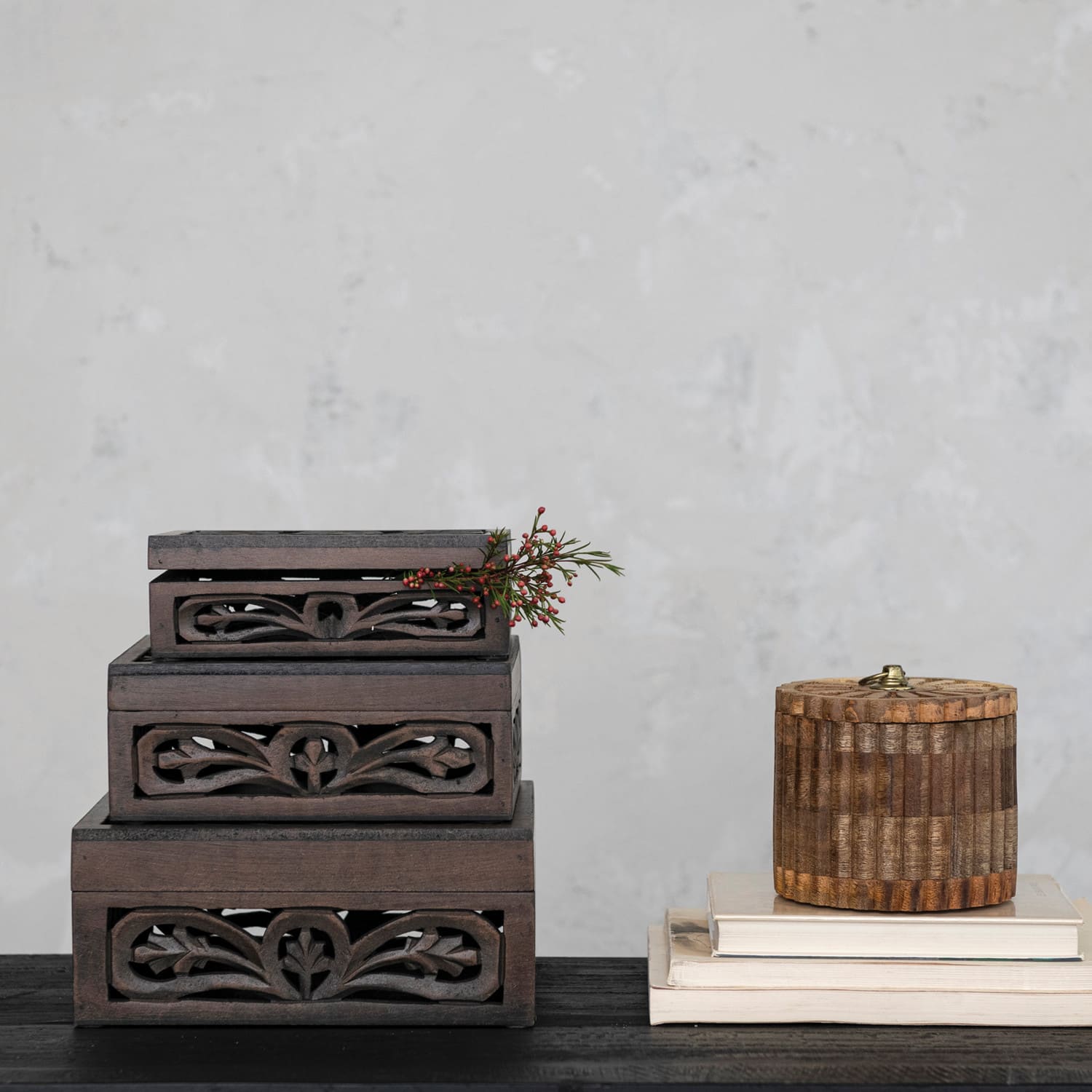Hello Honey&#xAE; Espresso Carved Reclaimed &#x26; Mango Wood Nesting Boxes Set