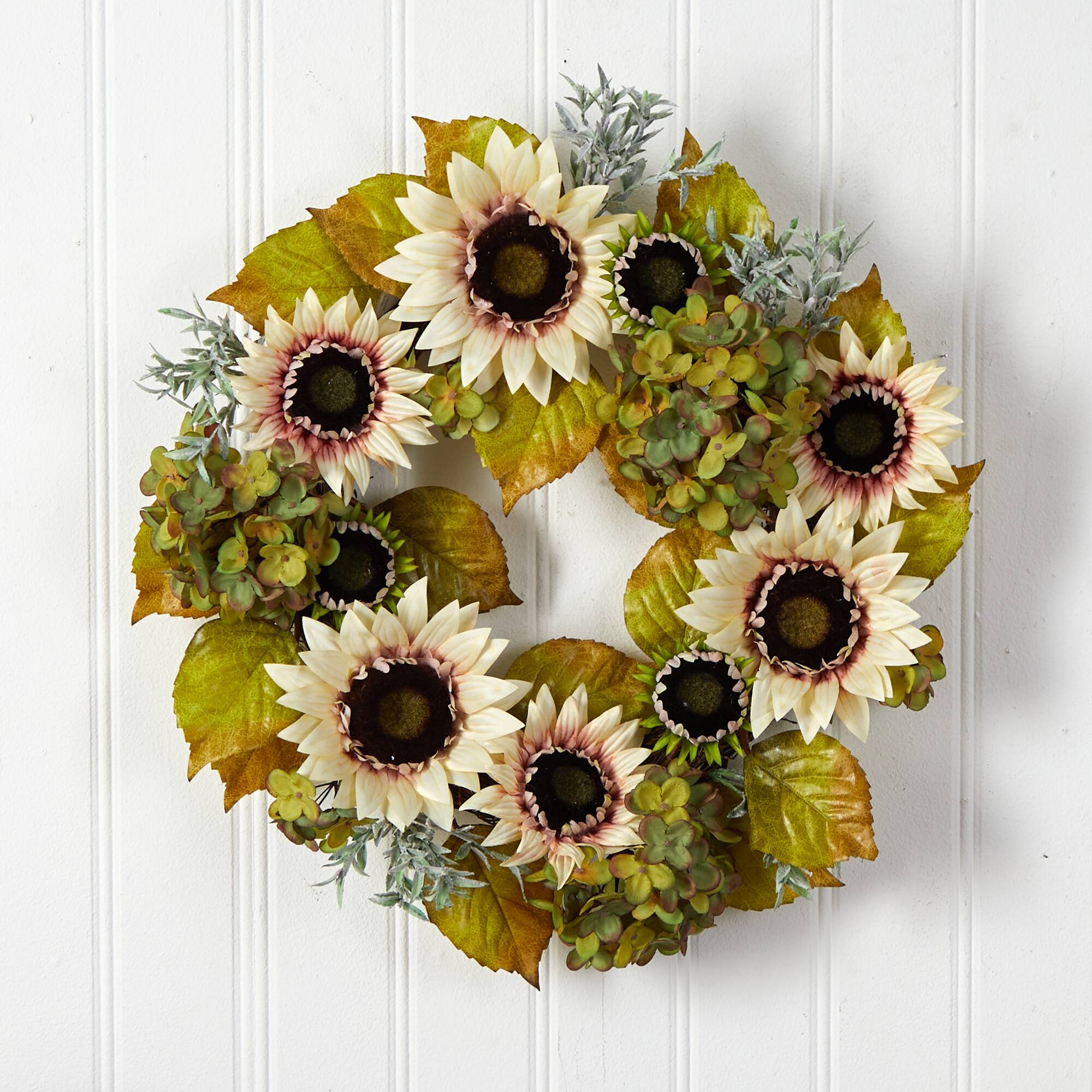 24&#x22; White Sunflower &#x26; Hydrangea Artificial Autumn Wreath