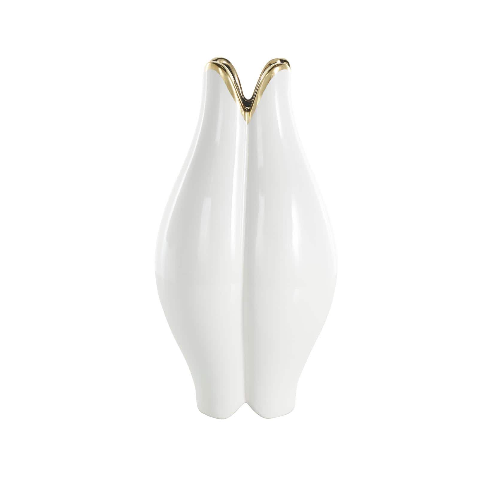 White Ceramic Dimensional Tulip Shaped Vase with Metallic Gold Rim