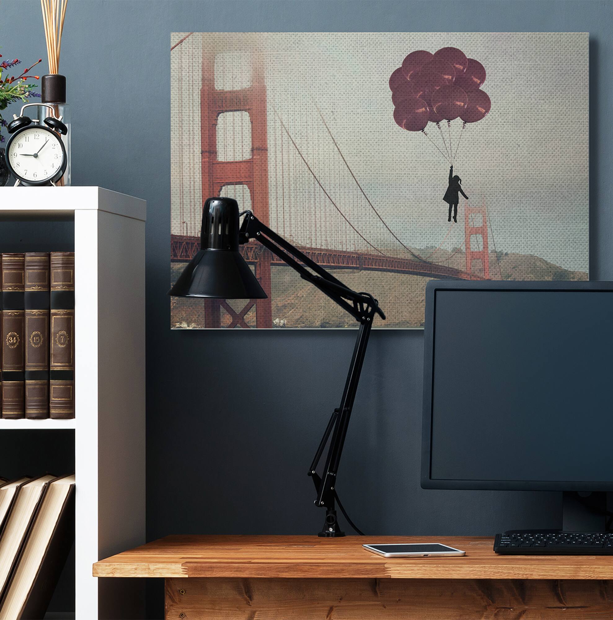 Stupell Industries Bridge Girl Balloons Abstract Modern Collage Design Canvas Wall Art