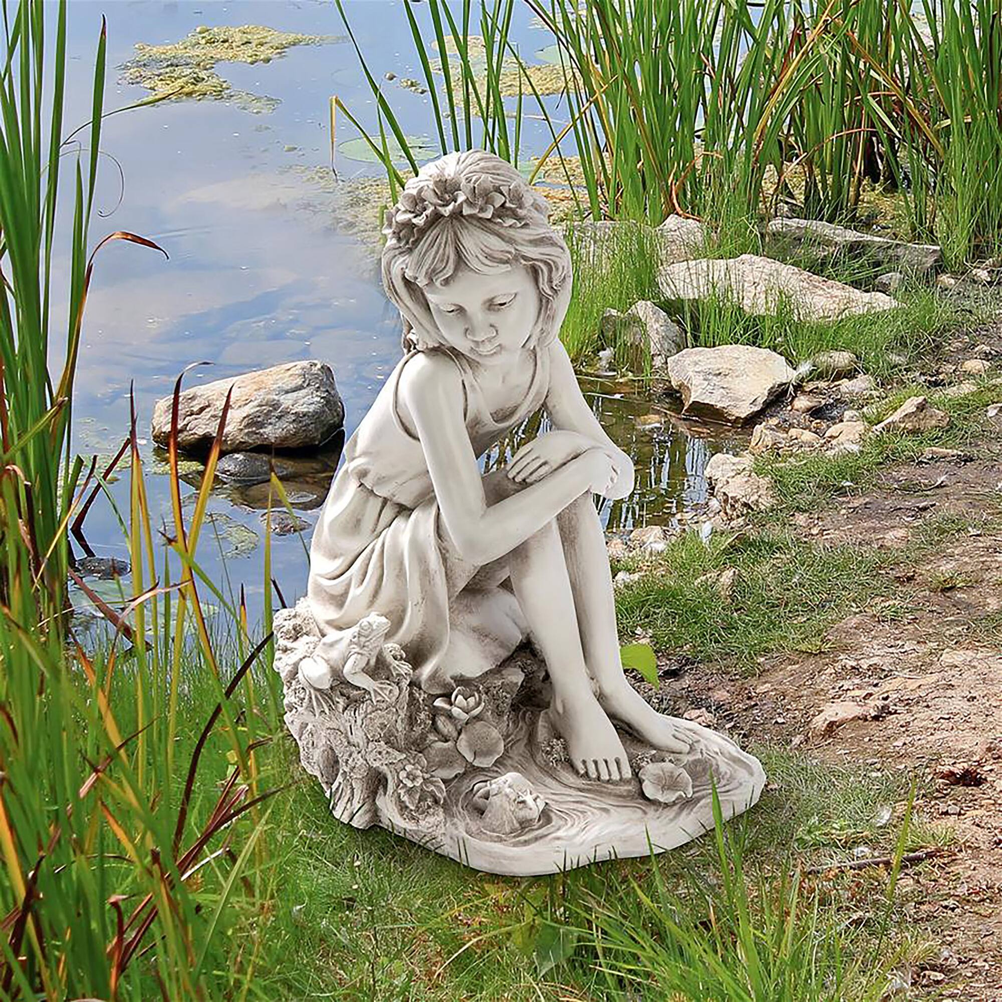 Design Toscano 17&#x22; Pausing by the Pond Little Girl Garden Statue