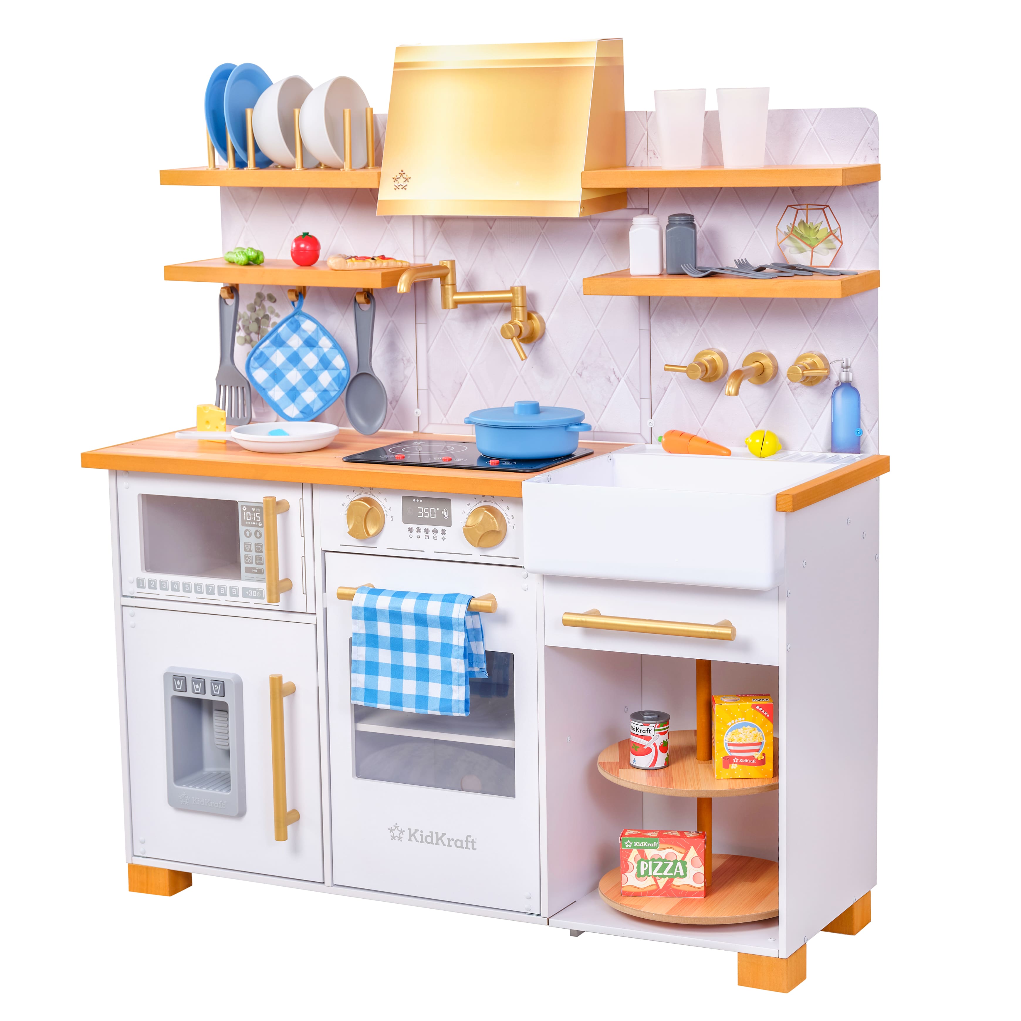KidKraft Simply Stylish Wooden Play Kitchen Set with Lights, Choppable Food & Accessories