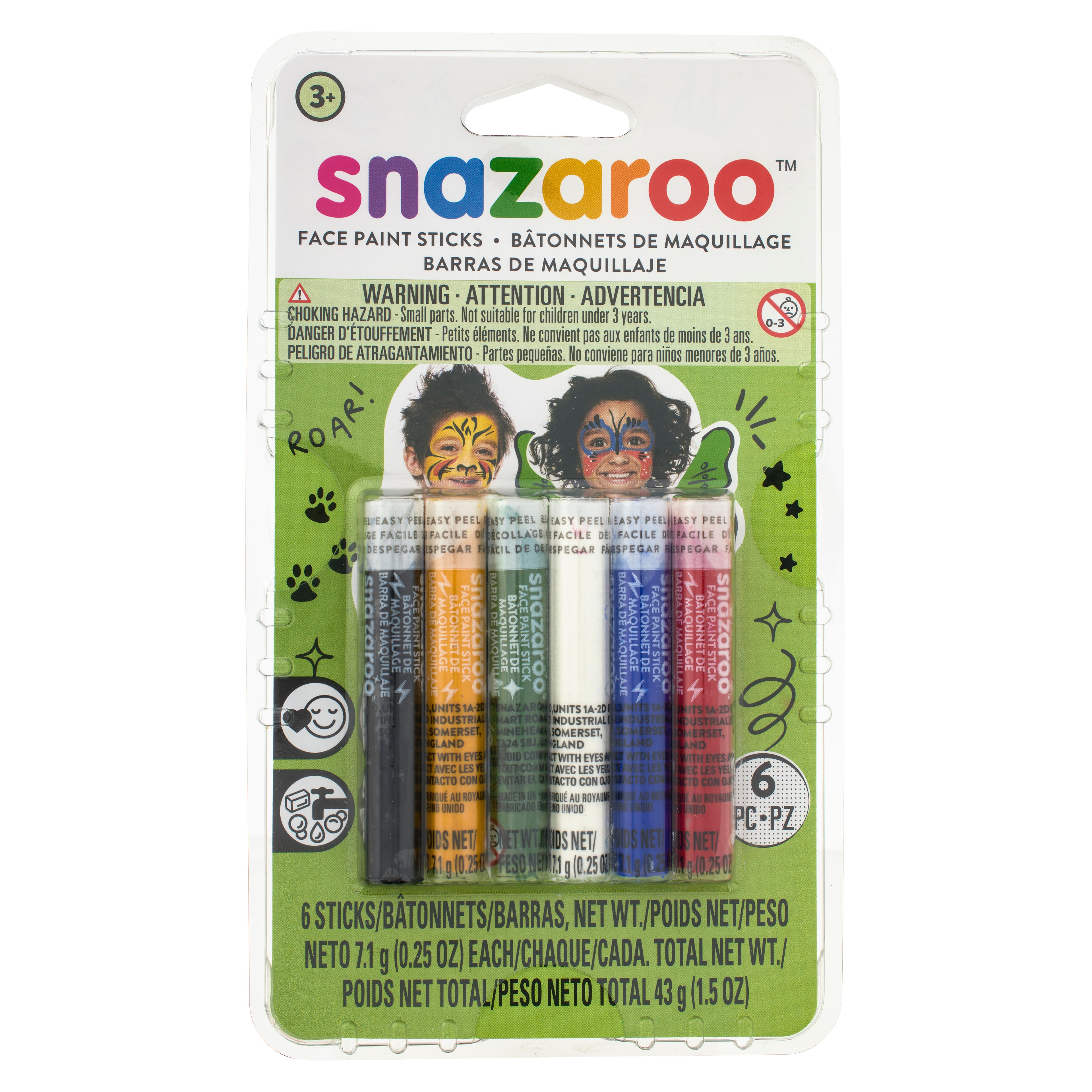 Reeves 368482 Snazaroo Face Painting Sticks 6-Pkg-Green-White-Red