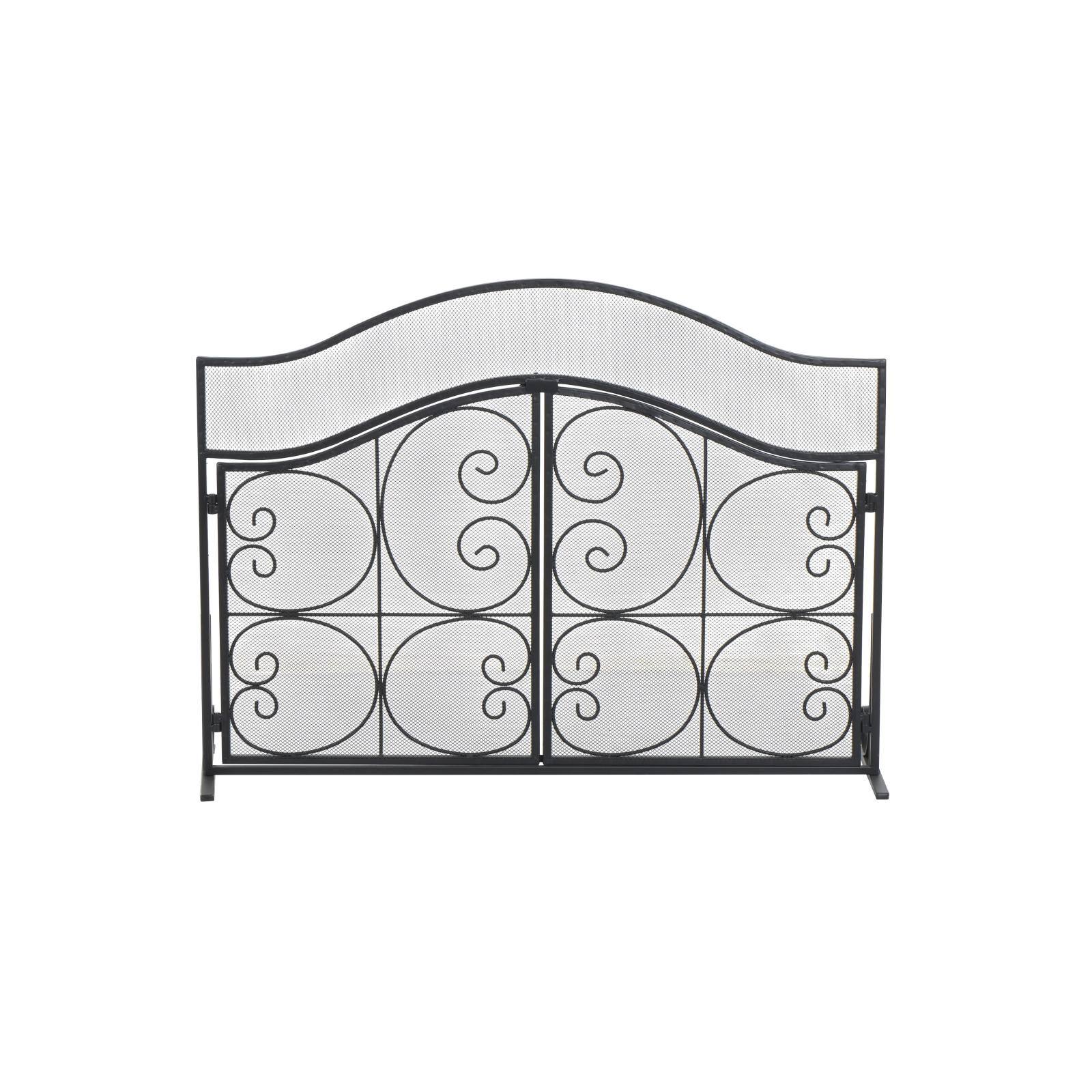 41" Black Metal Scroll Arched 1-Panel 2-Door Fireplace Screen with Mesh Backing