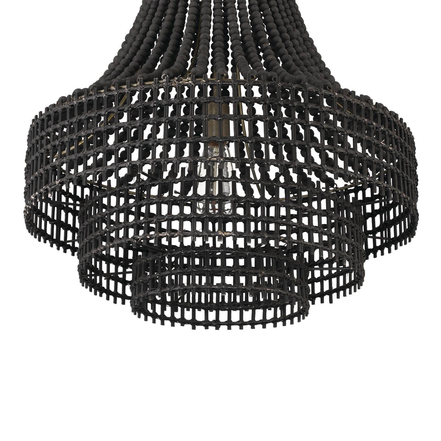 23.4&#x22; Black Metal, Rattan &#x26; Wood Bead Chandelier