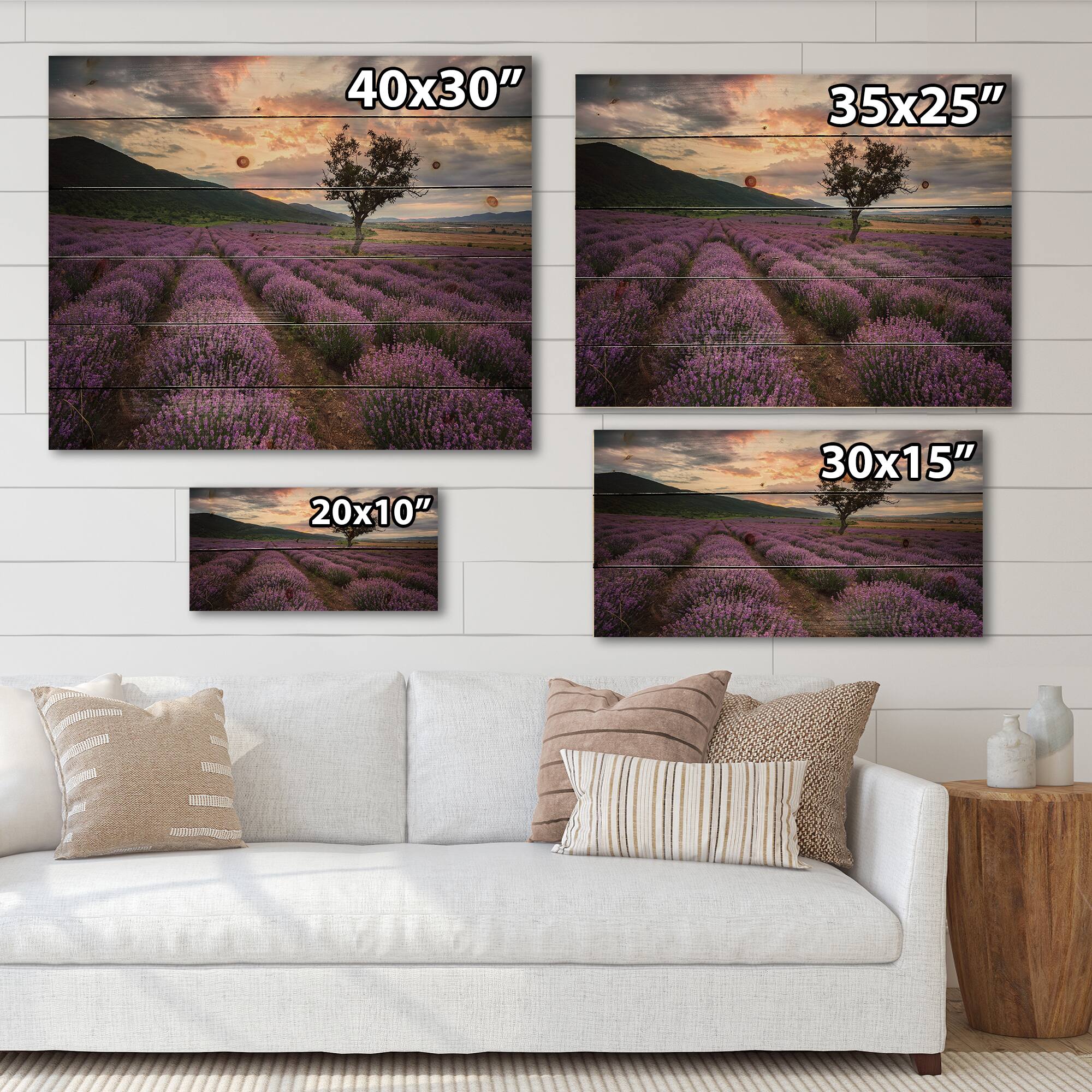 Designart - Lavender Field At Dawn III - Farmhouse Print on Natural Pine Wood