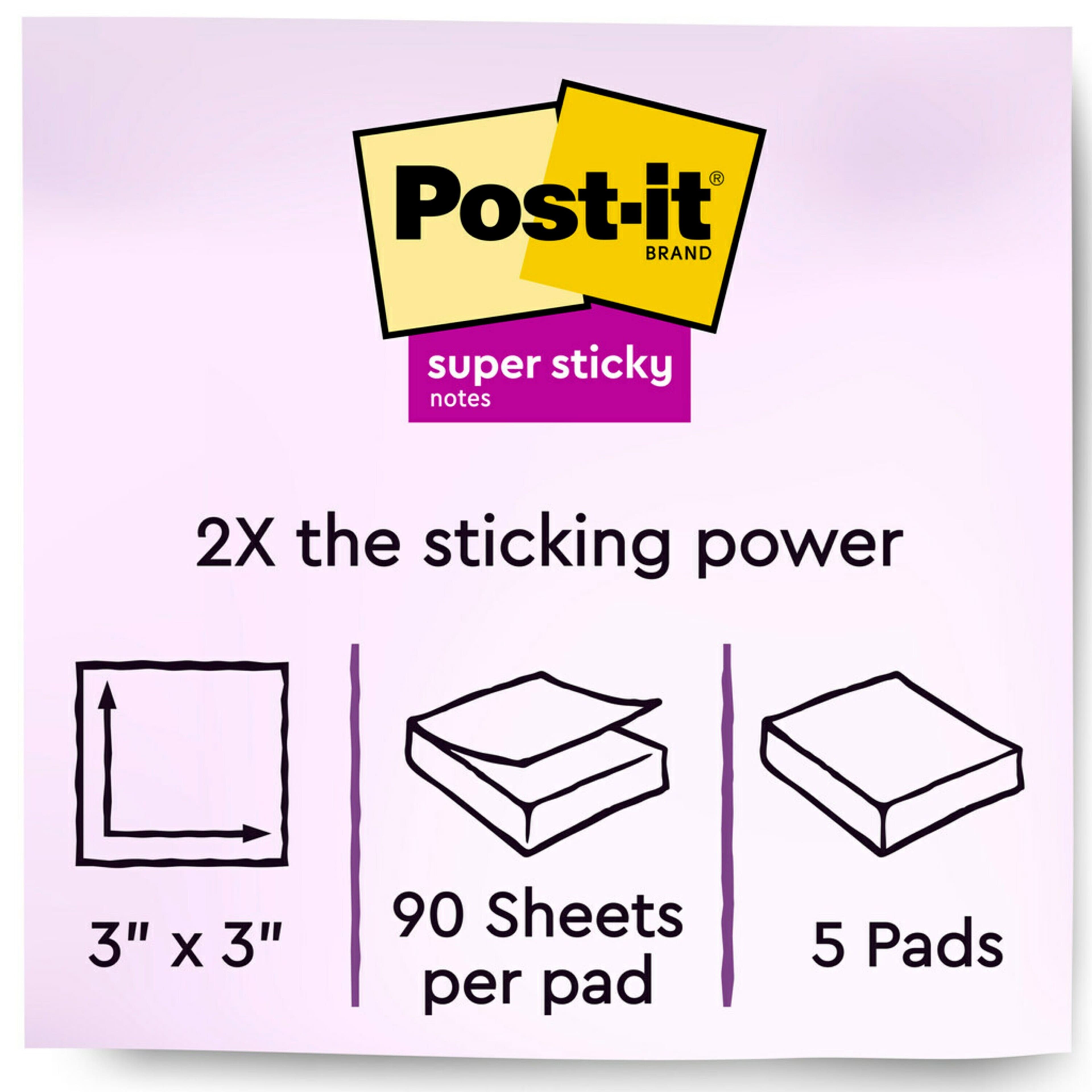 Post-it Super Sticky Notes, 3 in x 3 in, 5 Pads, 2x the Sticking