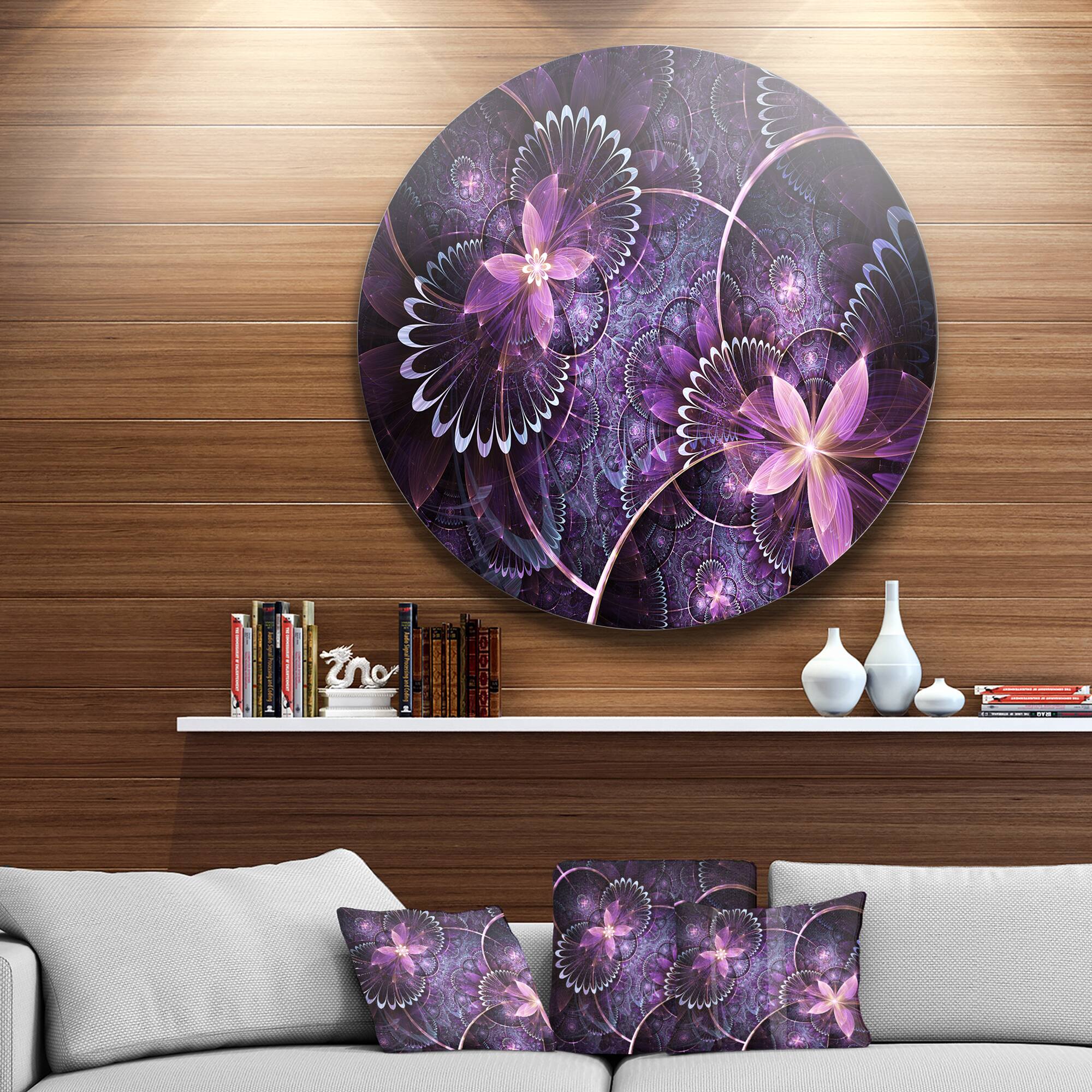 Designart - Fractal Flower Soft Purple Digital Art' Large Flower Metal Circle Wall Art