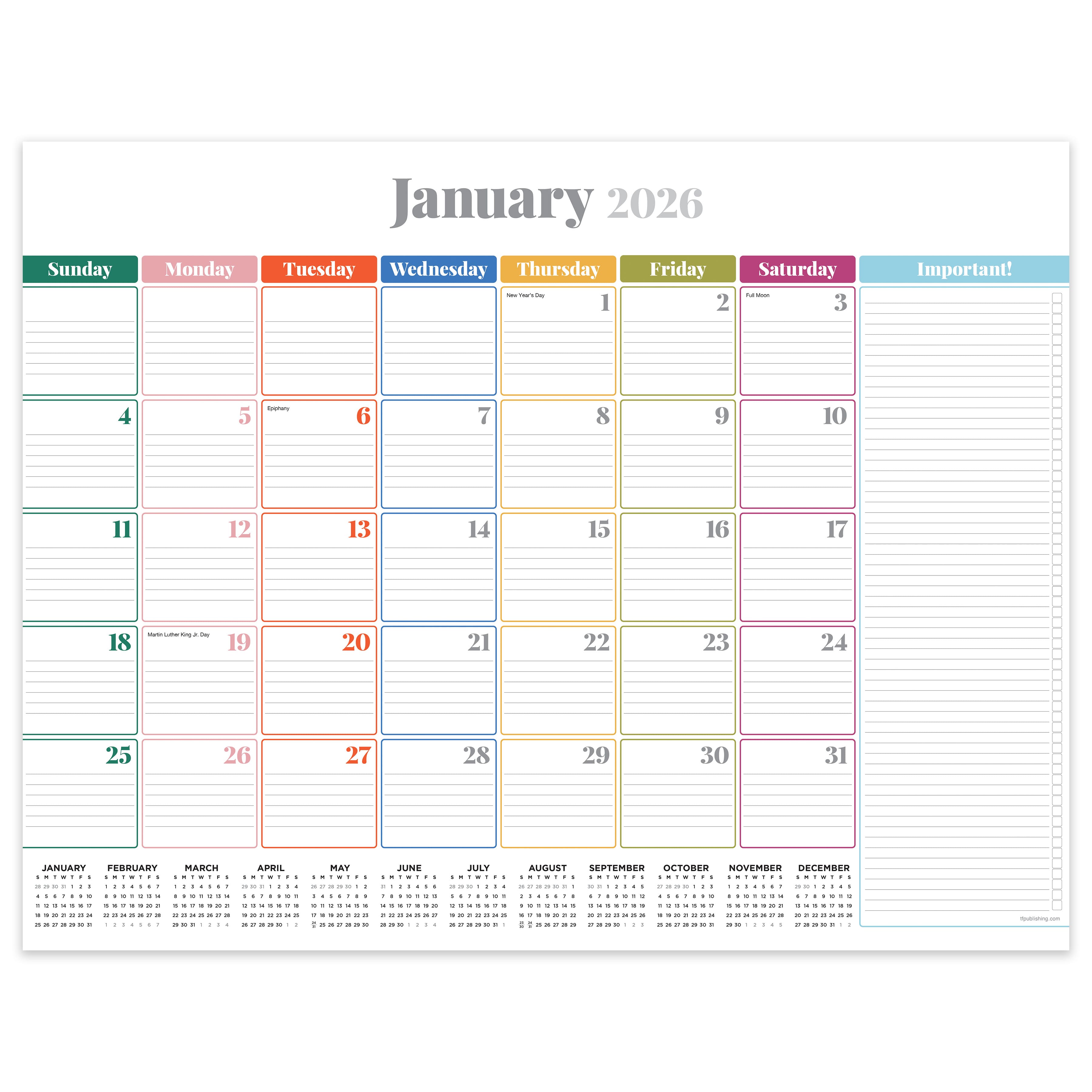 2026 Rainbow Blocks Large Desk Pad Monthly Blotter Calendar