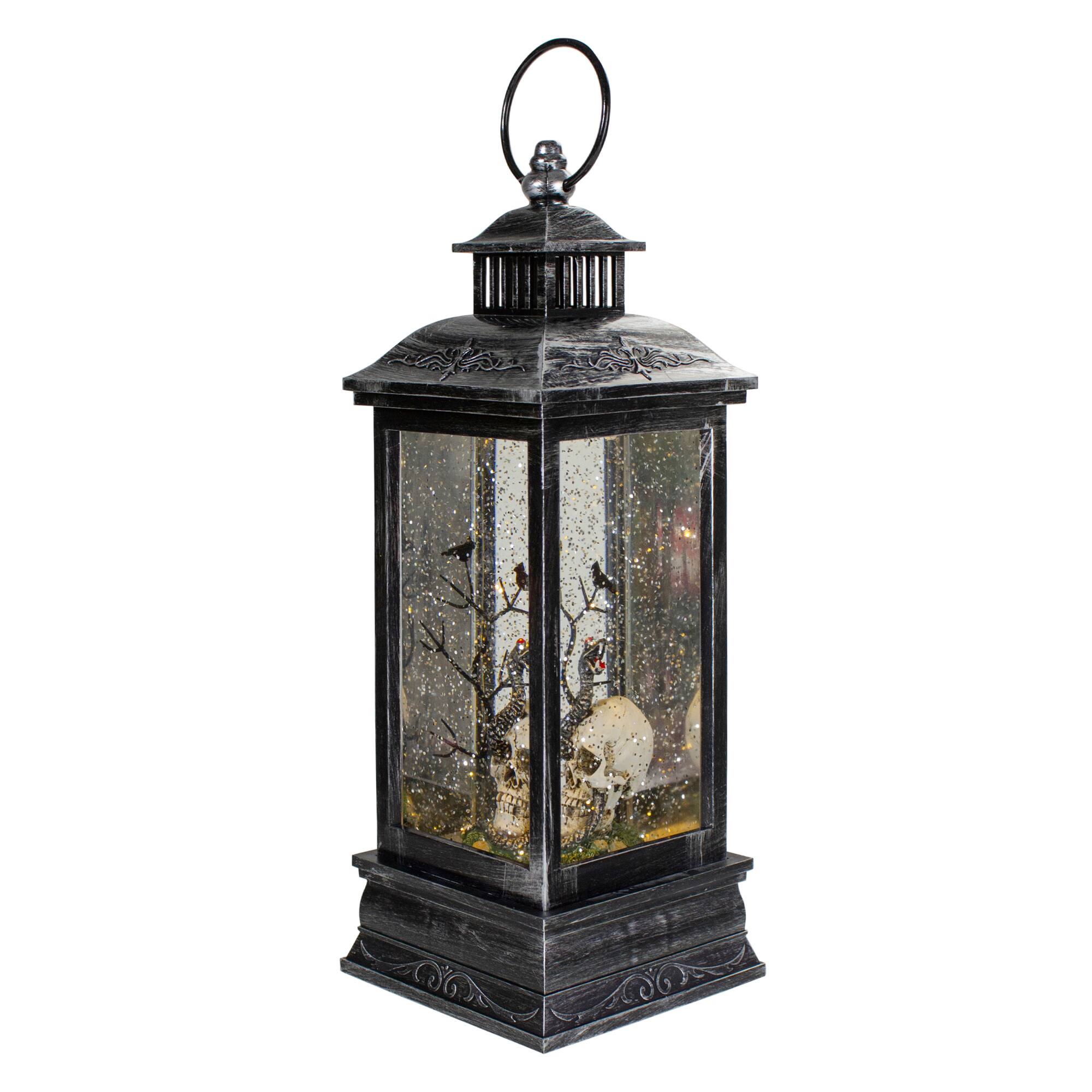 11" Black & Brushed Silver LED Skull Head Halloween Snow Globe Lantern