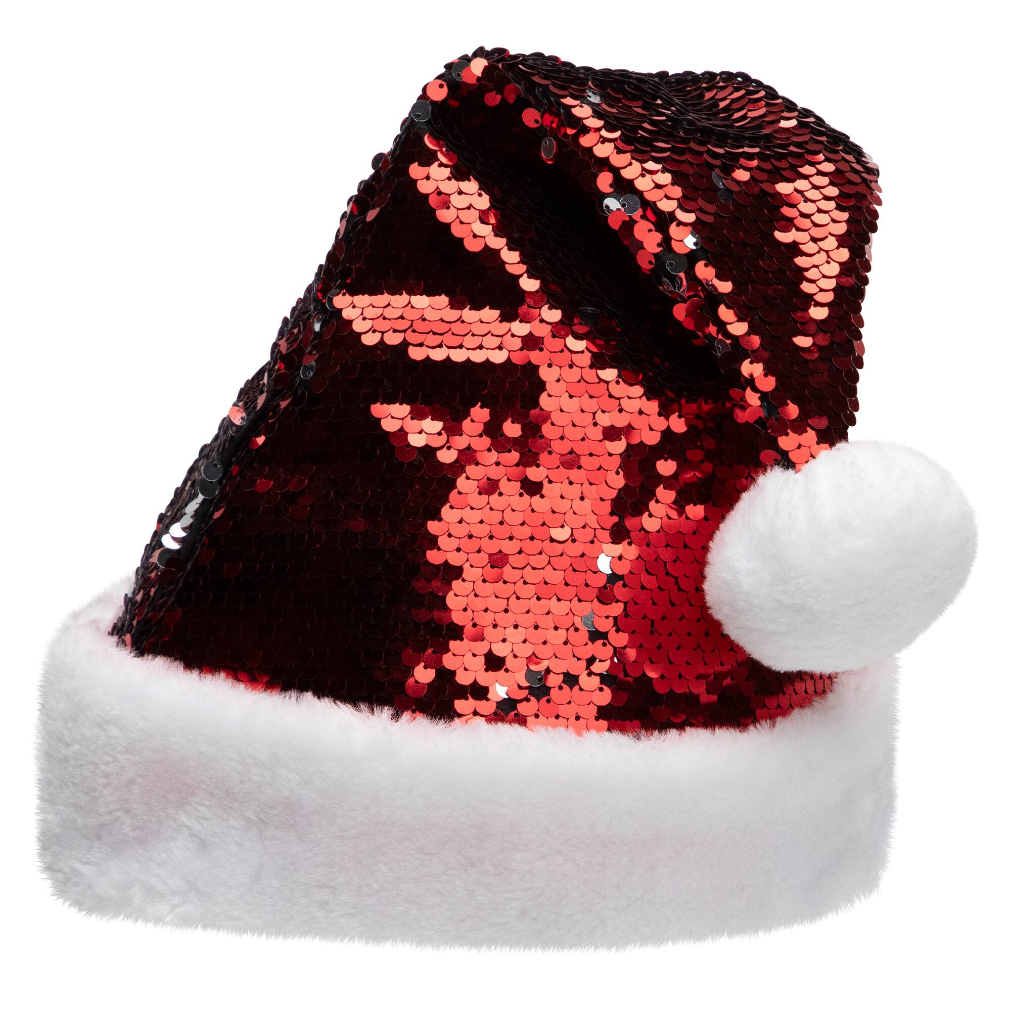 15" Red & Silver Reversible Sequined with Faux Fur Cuff Santa Hat
