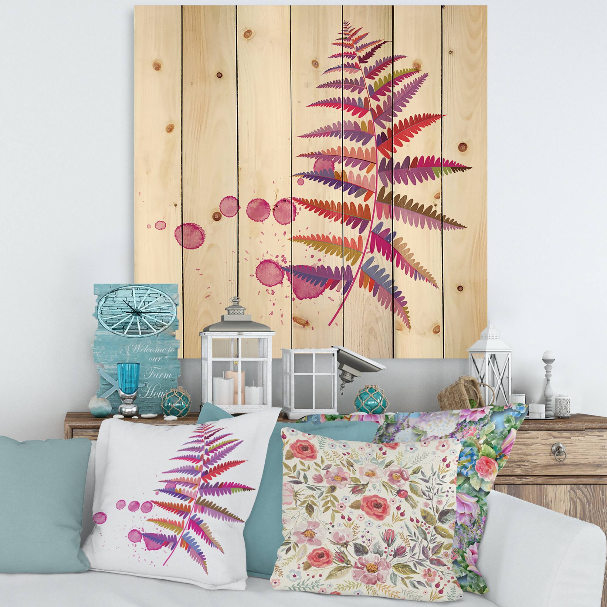 Designart - Purple Fern - Farmhouse Print on Natural Pine Wood