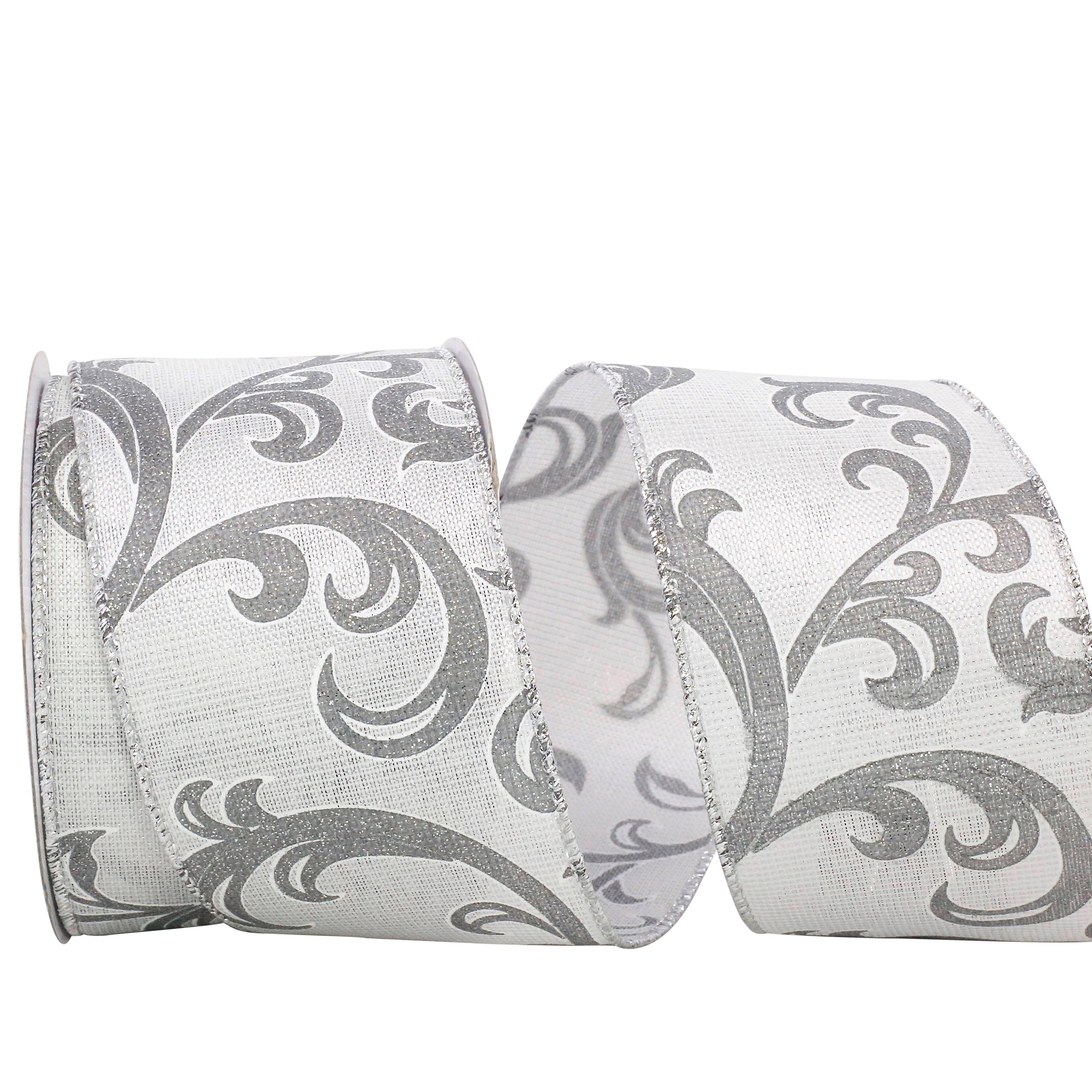 JAM Paper 2.5" x 10yd. White & Silver Scroll Wired Woven Ribbon