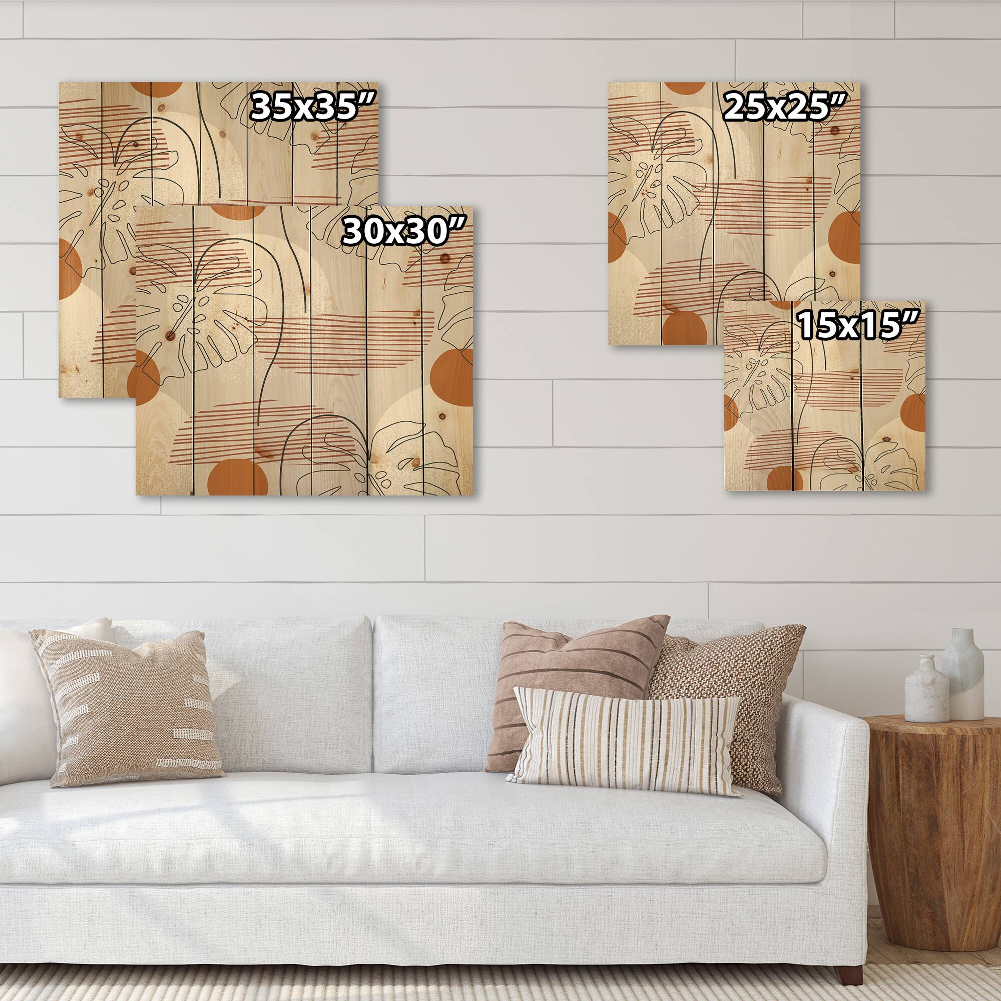 Designart - One Line Art Shapes &#x26; Abstract Monstera Leaf - Modern Print on Natural Pine Wood