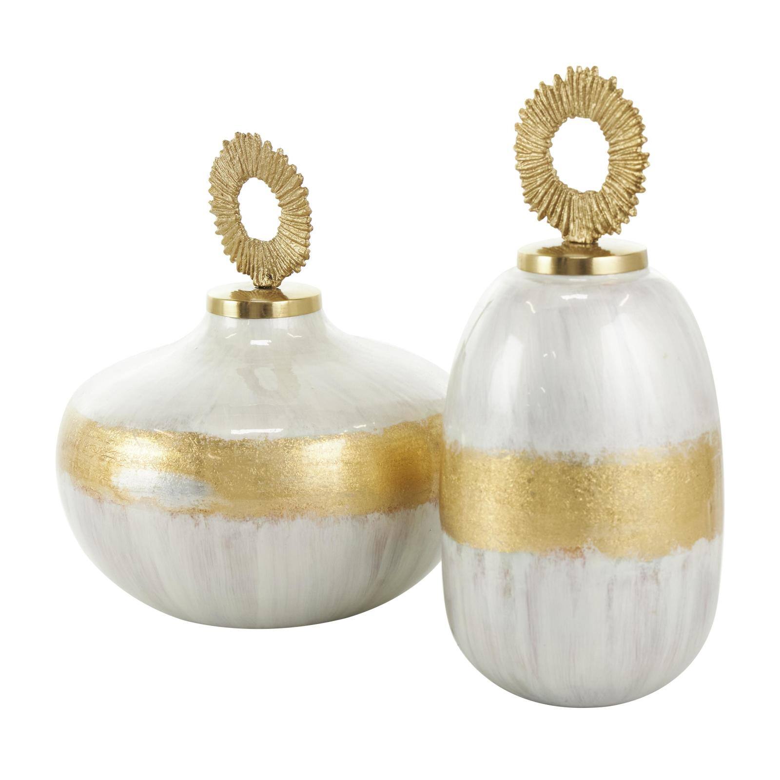White Metal Abstract Brushed Decorative Jar Set with Gold Detailing & Ring Handles