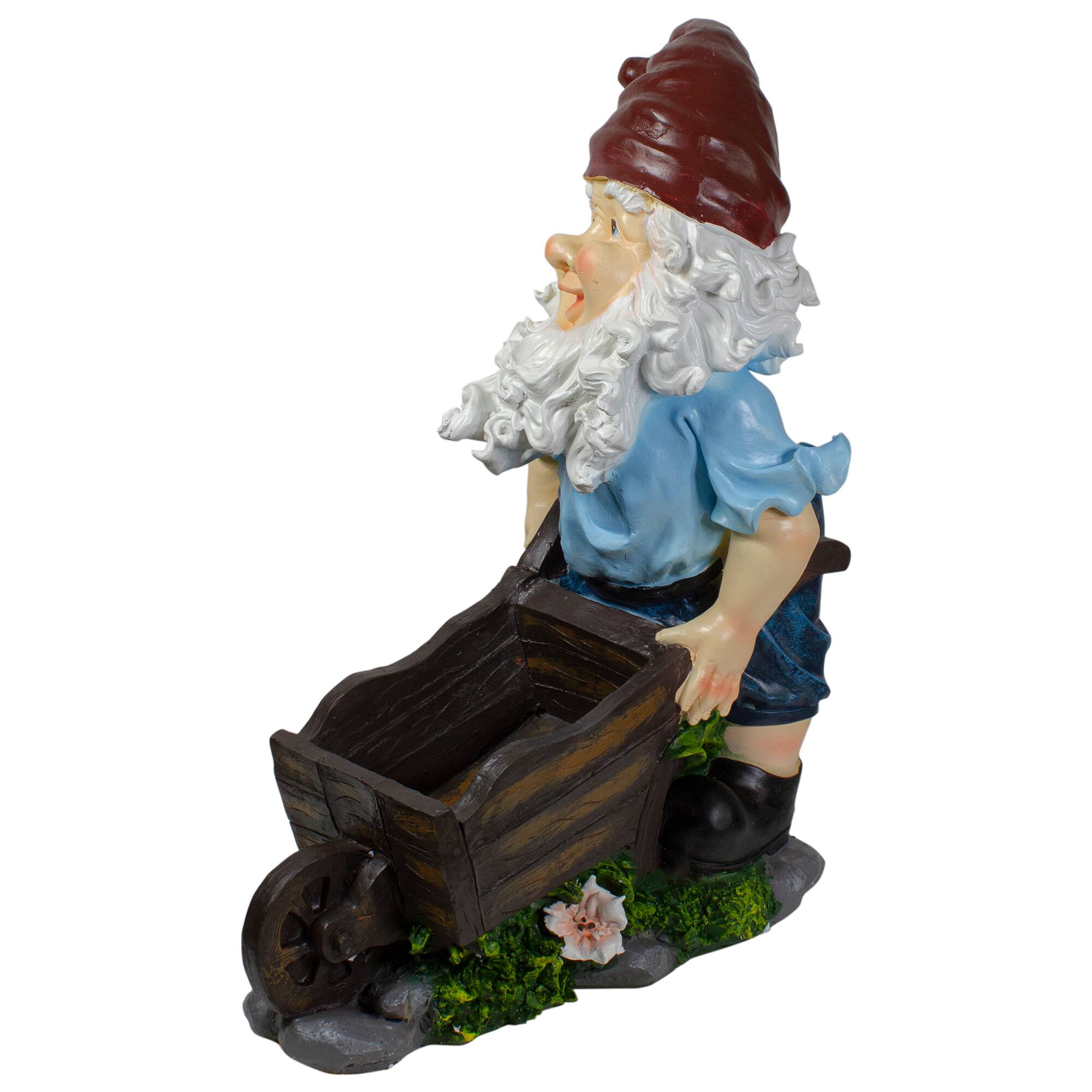 20&#x22; Blue &#x26; Brown Wheelbarrow Gnome Outdoor Garden Statue