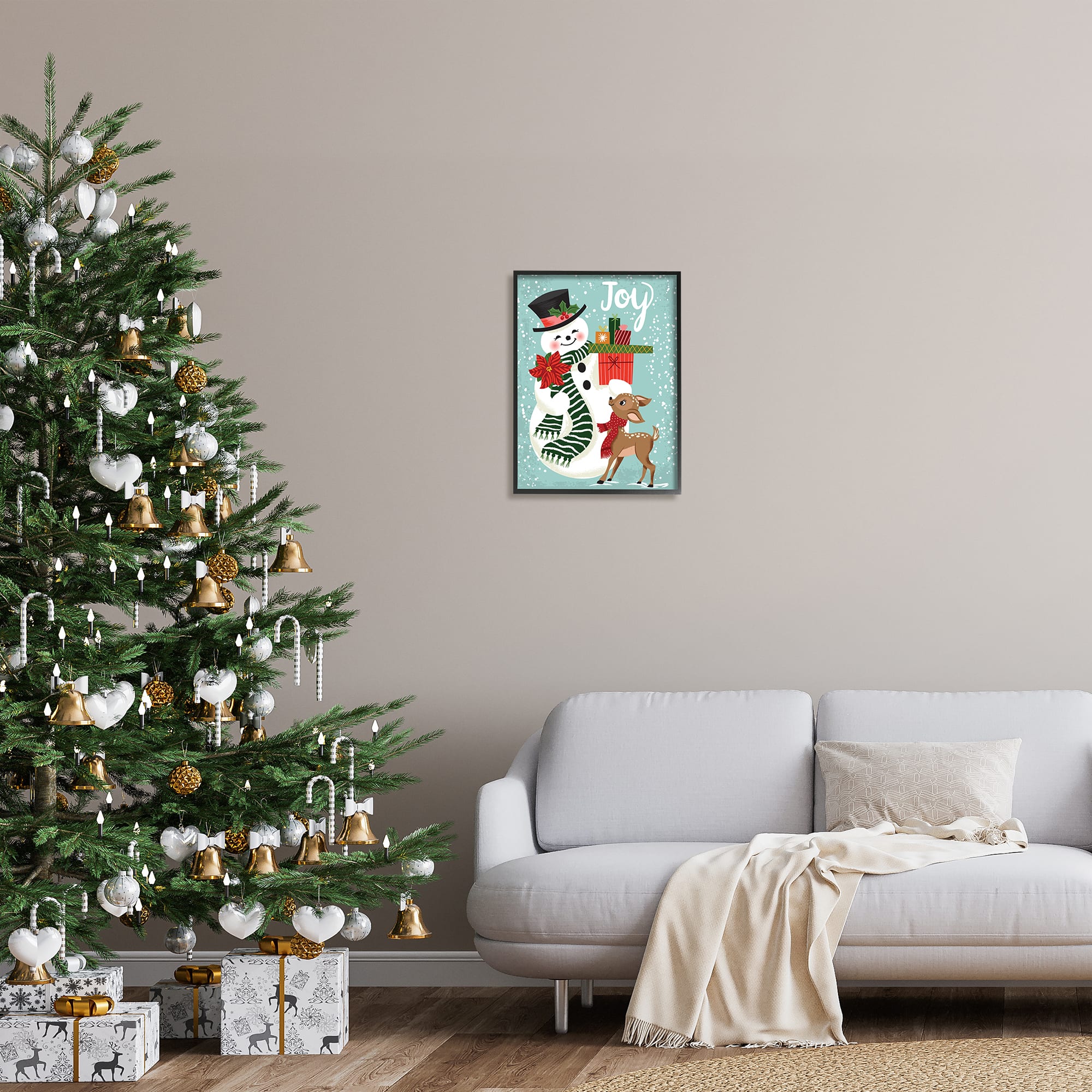 Stupell Industries Joy Smiling Snowman Holiday Deer Framed Giclee Art