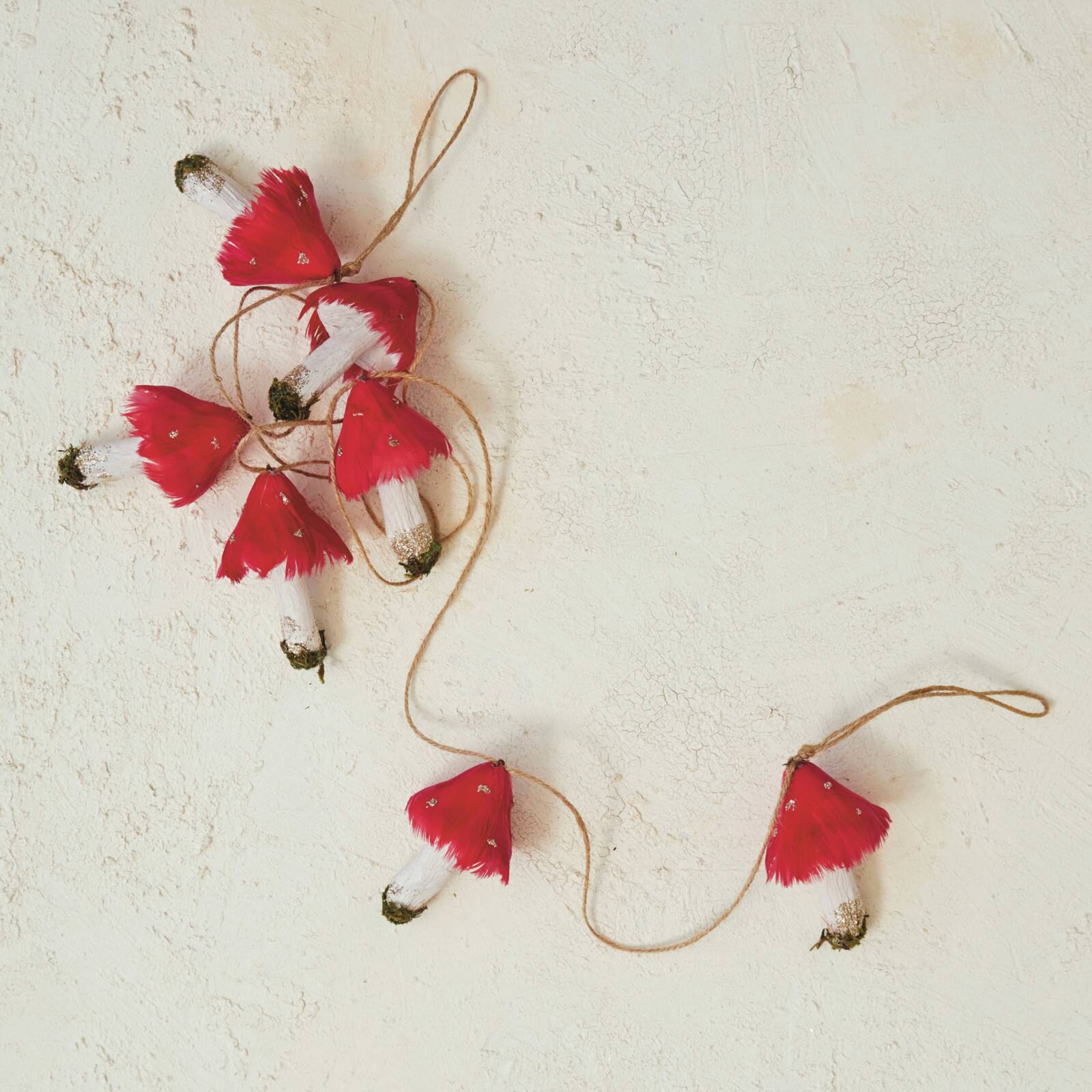 Hello Honey 6ft. Pink, White & Green Feather & Foam Mushroom Garland with Gold Glitter & Faux Moss