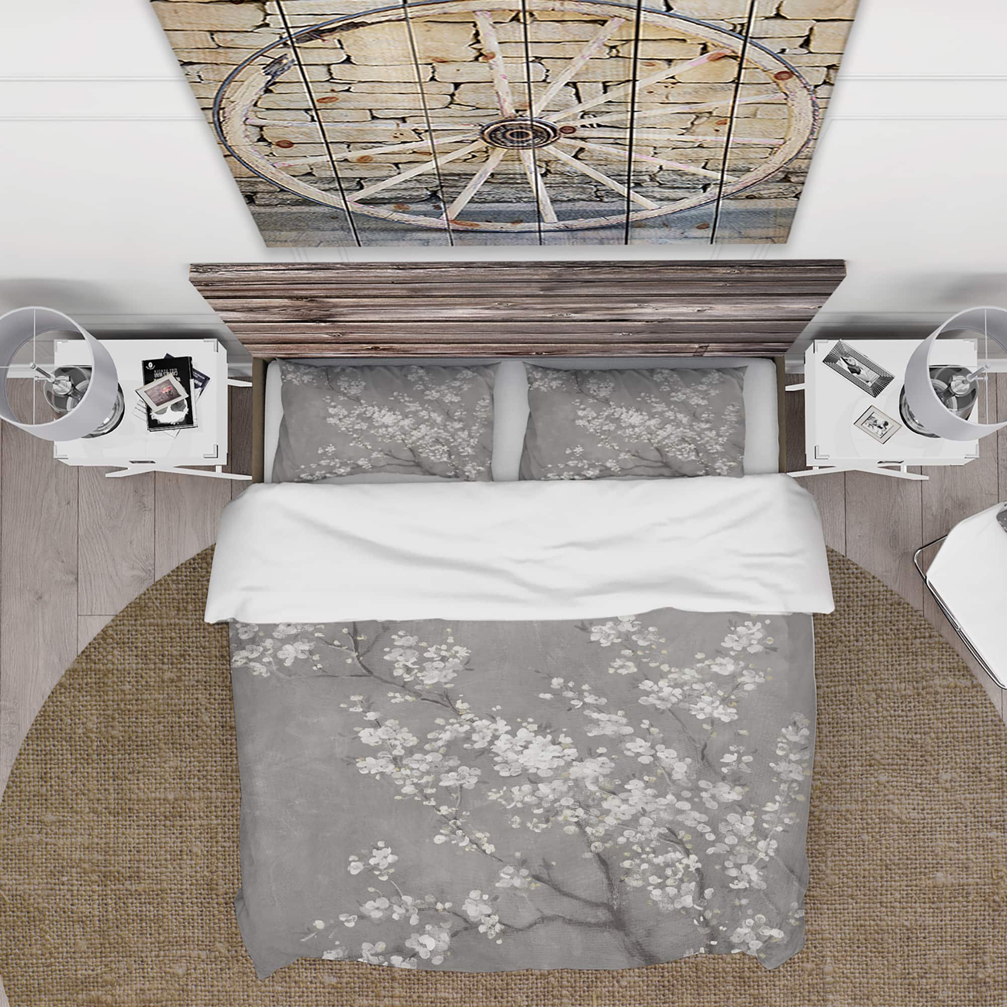 Designart &#x27;White Cherry Blossoms II&#x27; Farmhouse Bedding Set - Duvet Cover &#x26; Shams