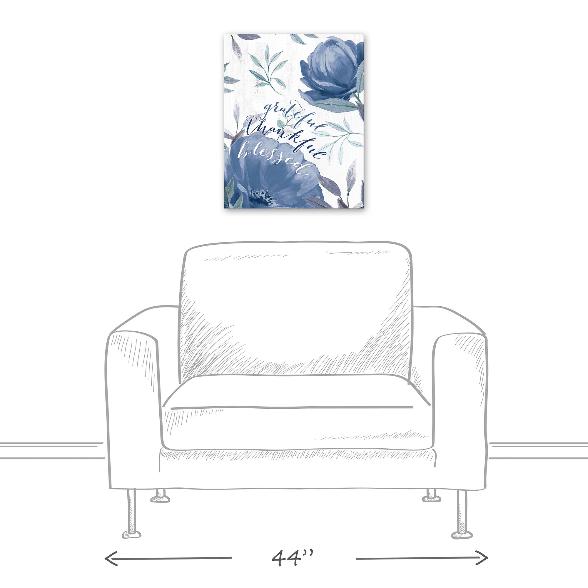 Blue Floral Grateful Thankful Blessed Canvas Wall Art