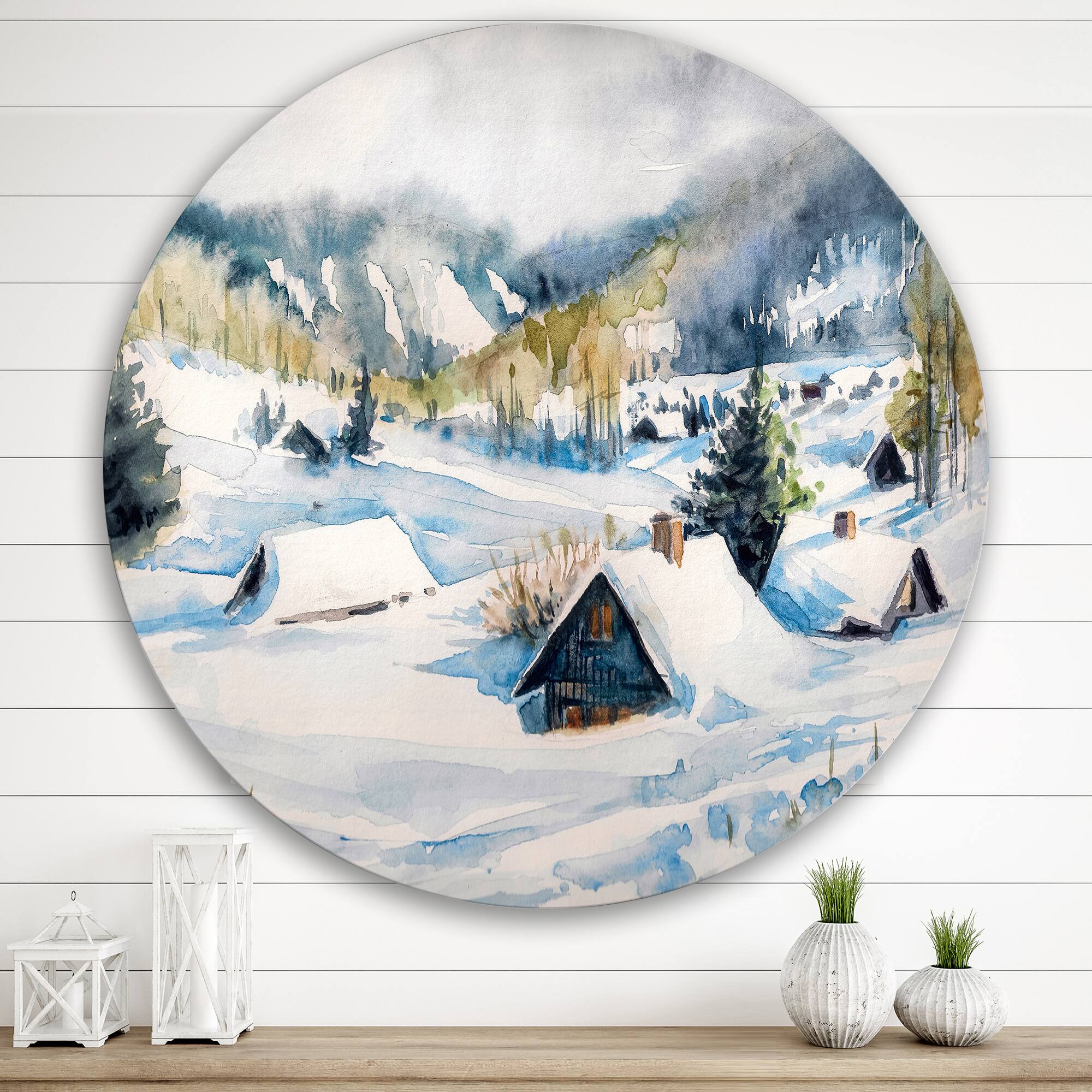 Designart - Mountain Village In Winter - Traditional Metal Circle Wall Art