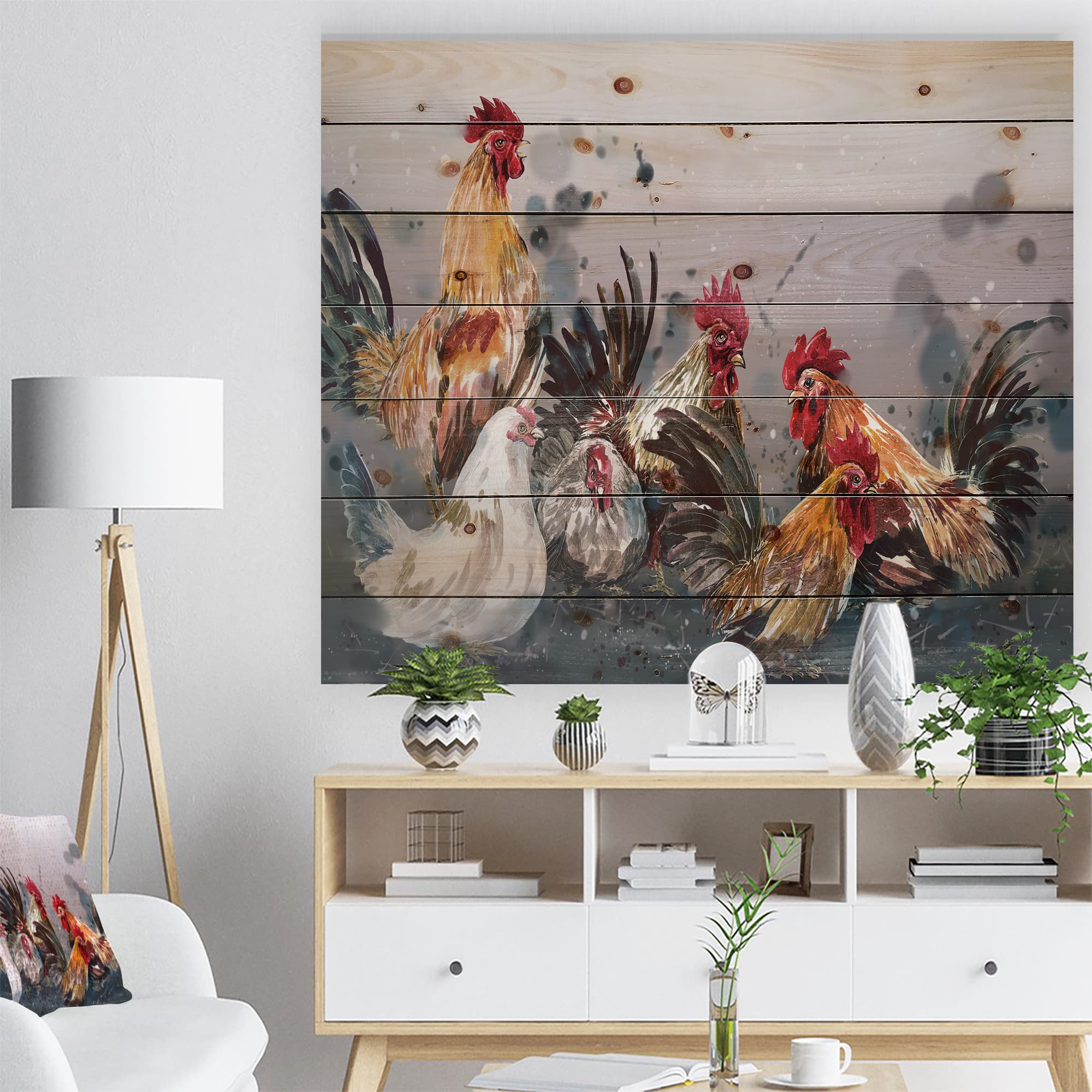 Designart - Group of Rooster in Gray Farm background - Farmhouse Animal Painting Print on Natural Pine Wood