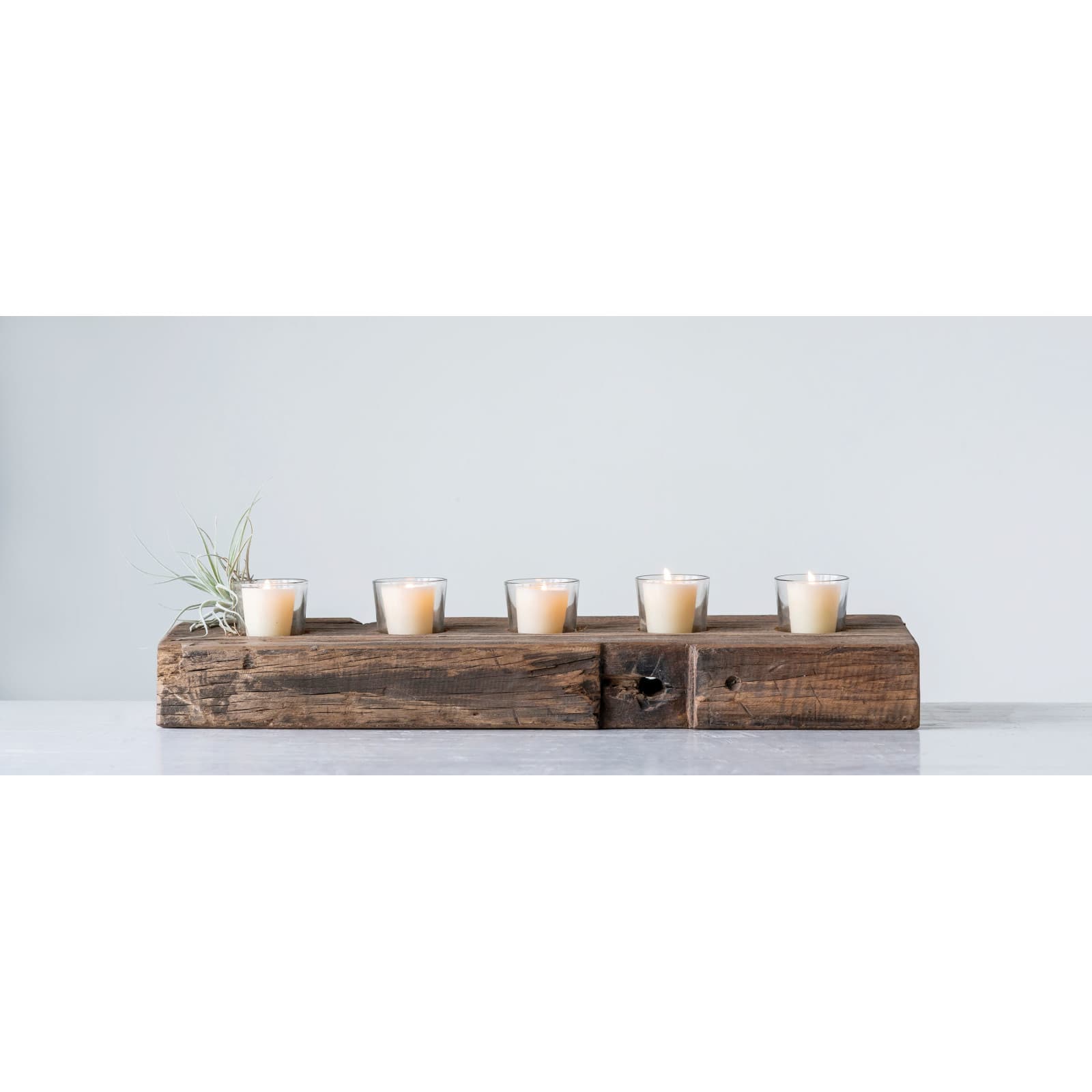 23&#x27;&#x27; Reclaimed Wood Holder with 5 Clear Glass Votives