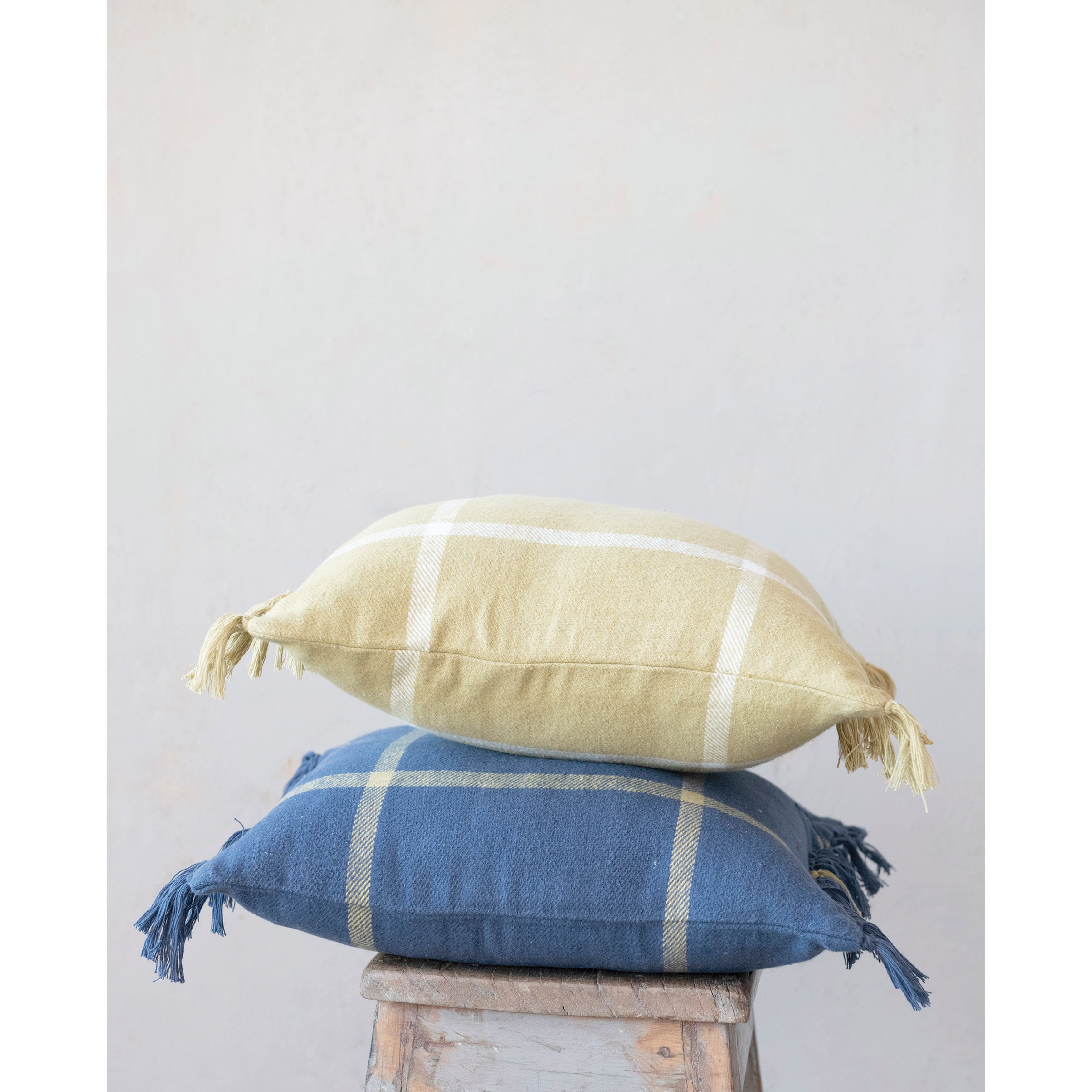 Hello Honey&#xAE; Blue &#x26; Citron Plaid Cotton Flannel Pillow with Fringe