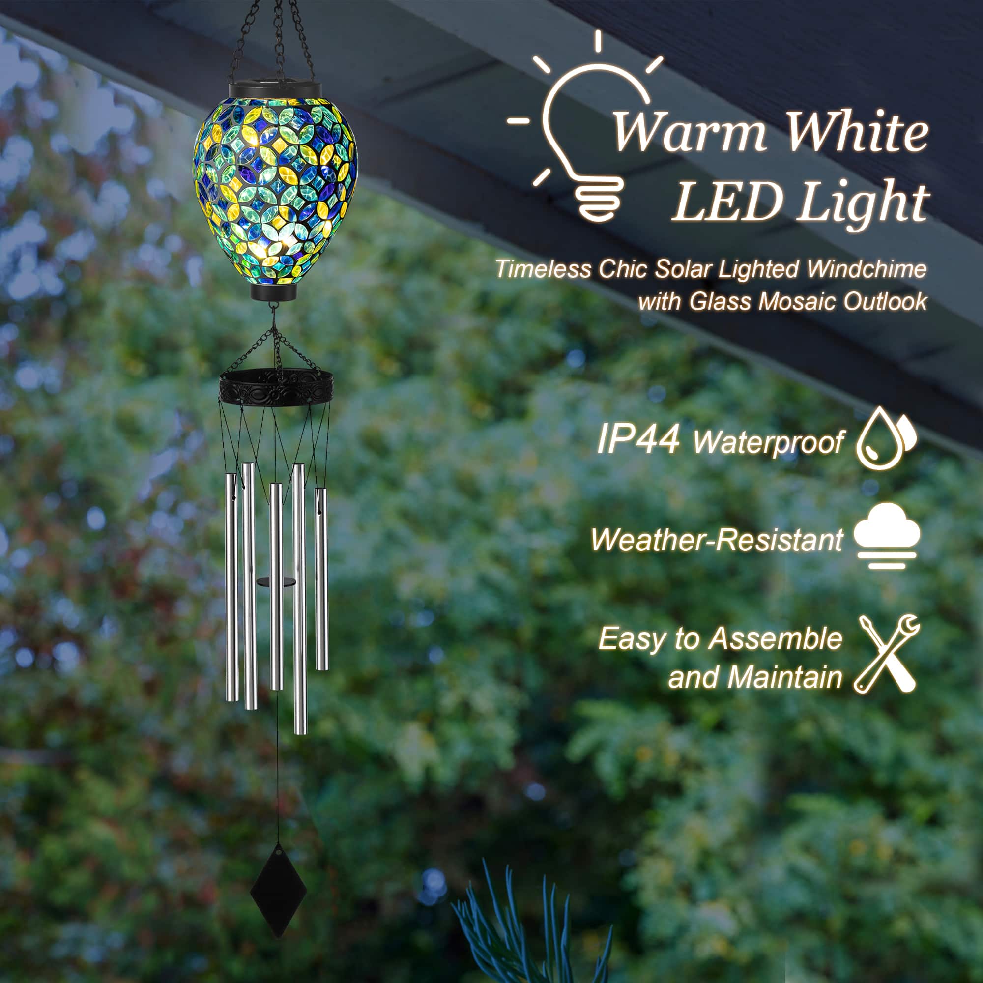 Glitzhome&#xAE; 37&#x22; Blue &#x26; Green Solar Lighted Metal &#x26; Glass Mosaic Windchime