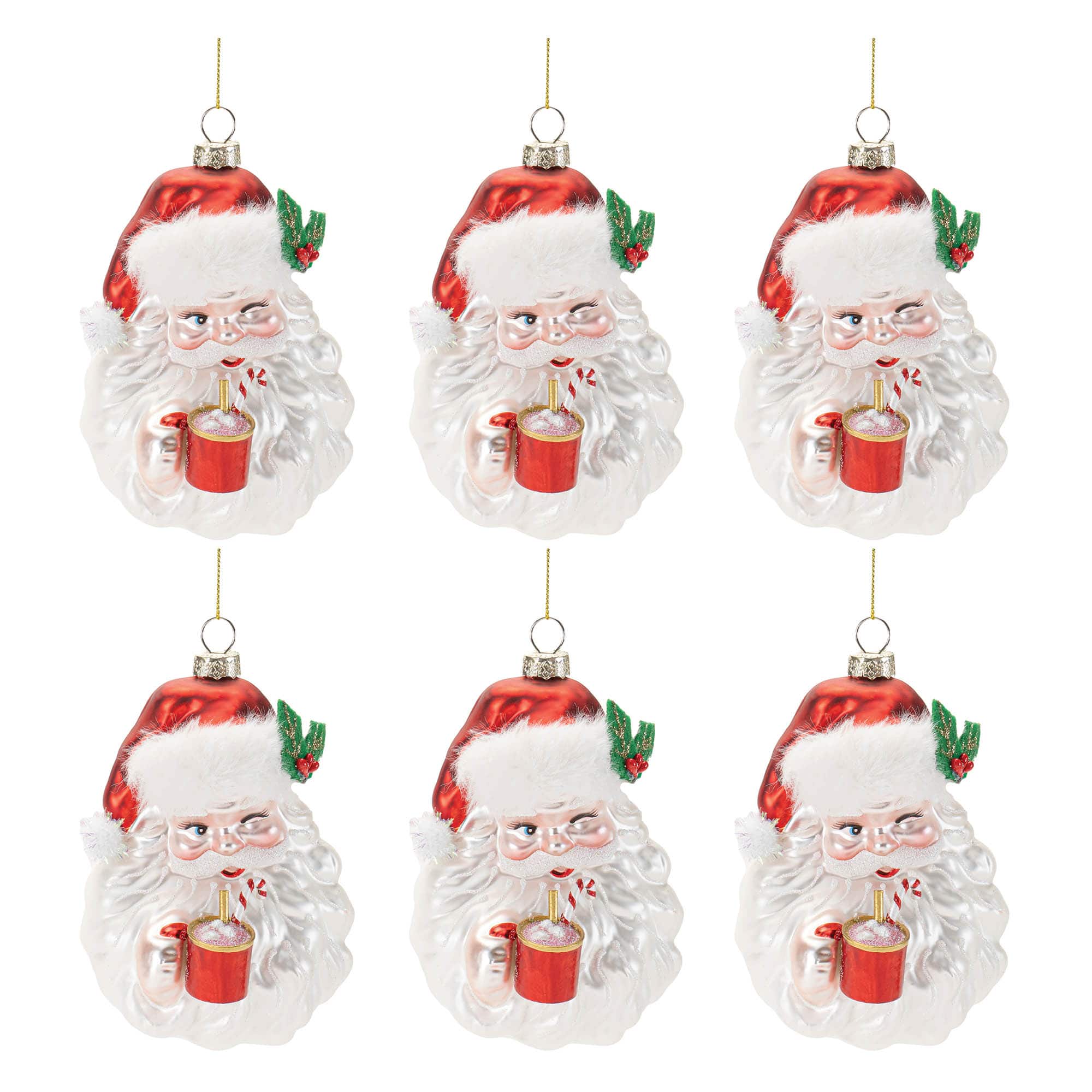 Glass Santa with Hot Cocoa Christmas Ornaments, 6ct.