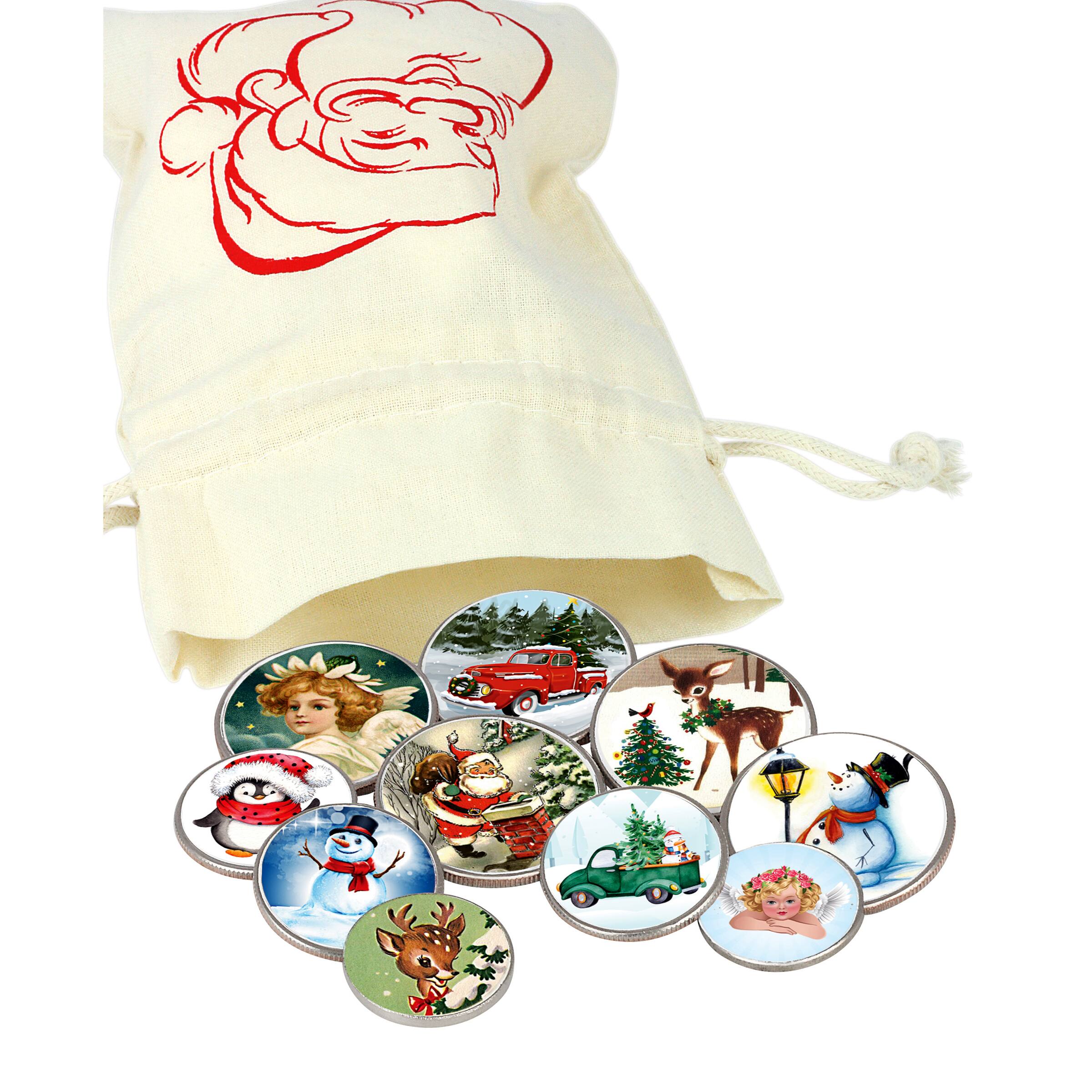 Vintage Christmas Colorized Coins in Santa Canvasbag