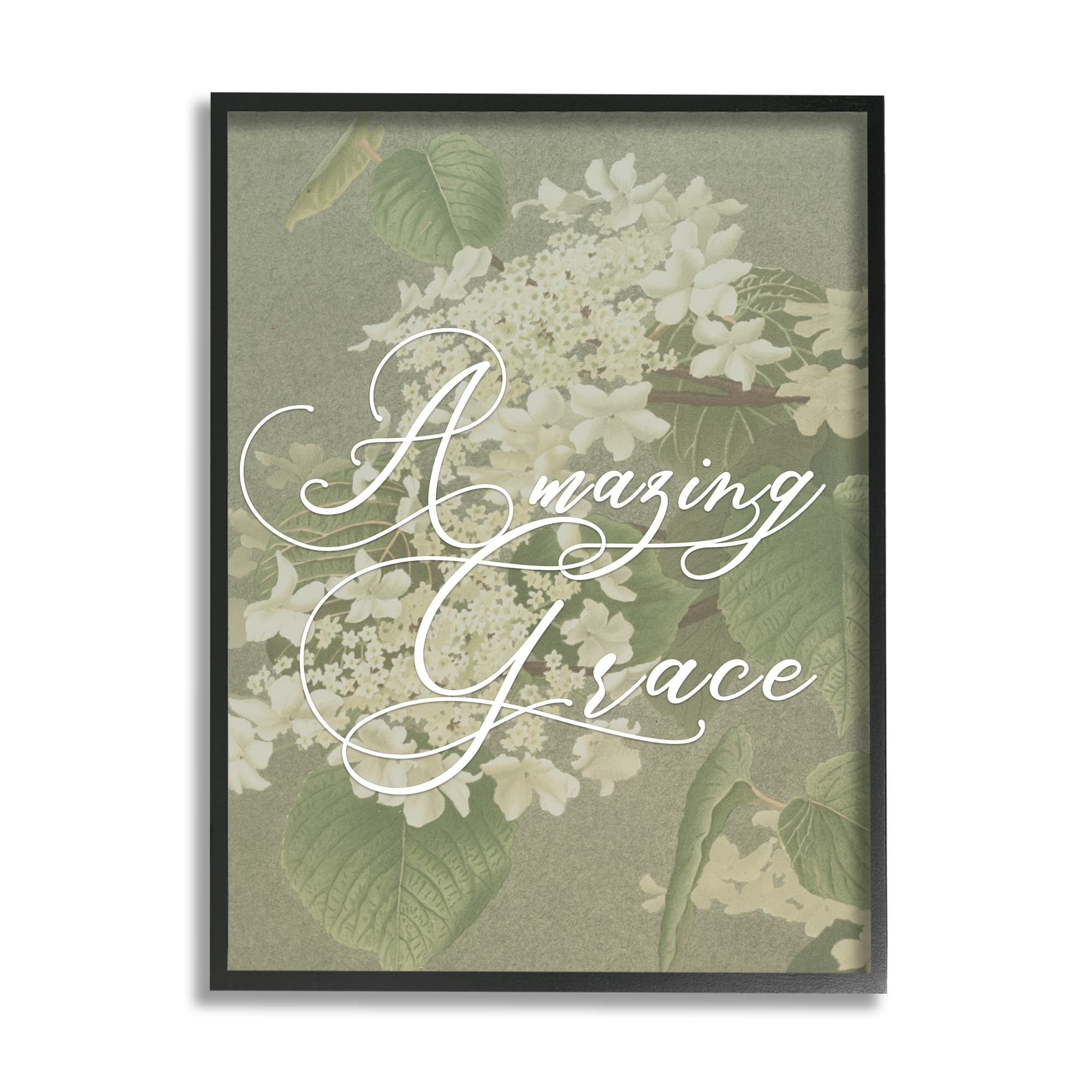 Stupell Industries Amazing Grace Phrase Vintage White Flower Blossoms Framed Wall Art
