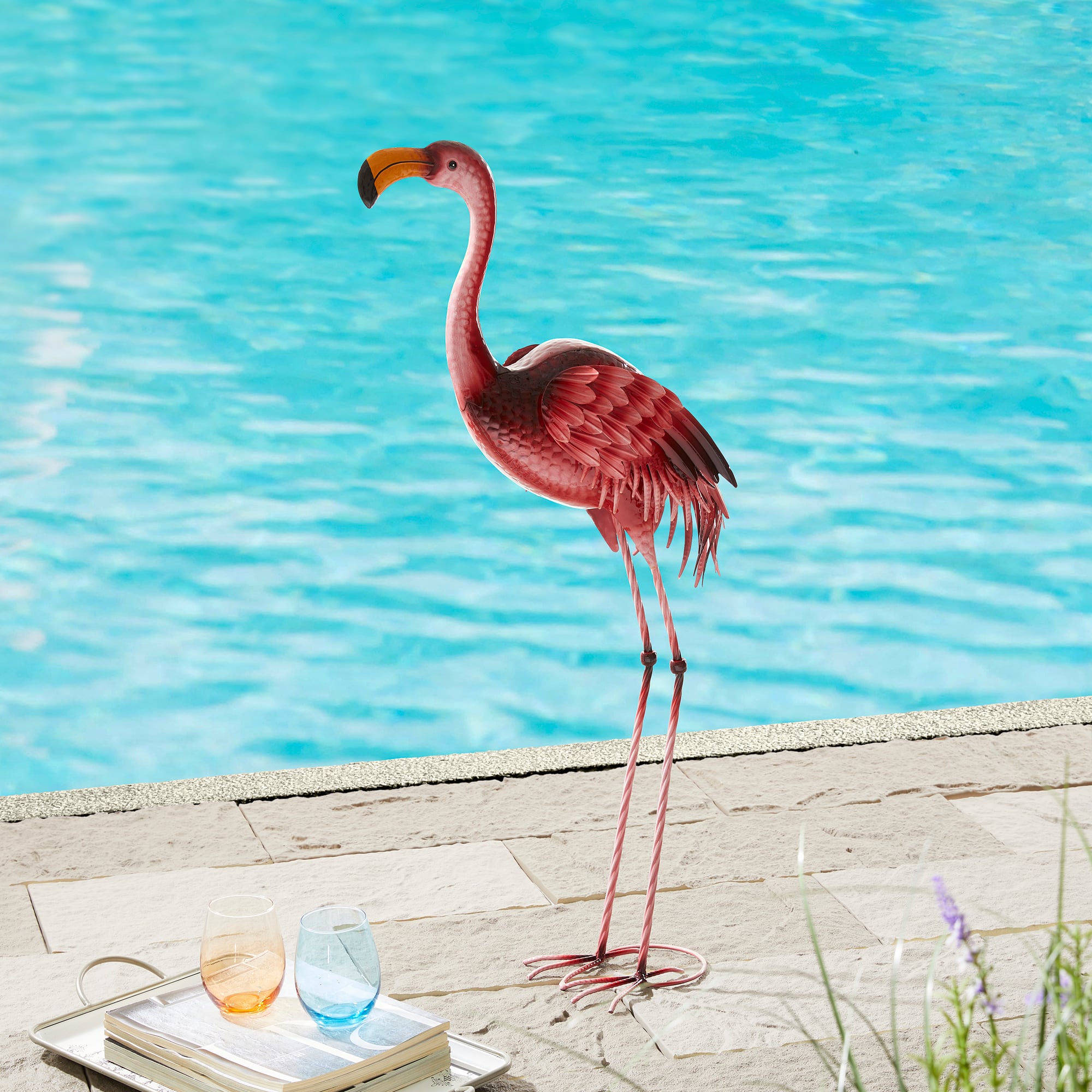 Glitzhome® 38.5" Metal Standing Flamingo Garden Statue with Stakes