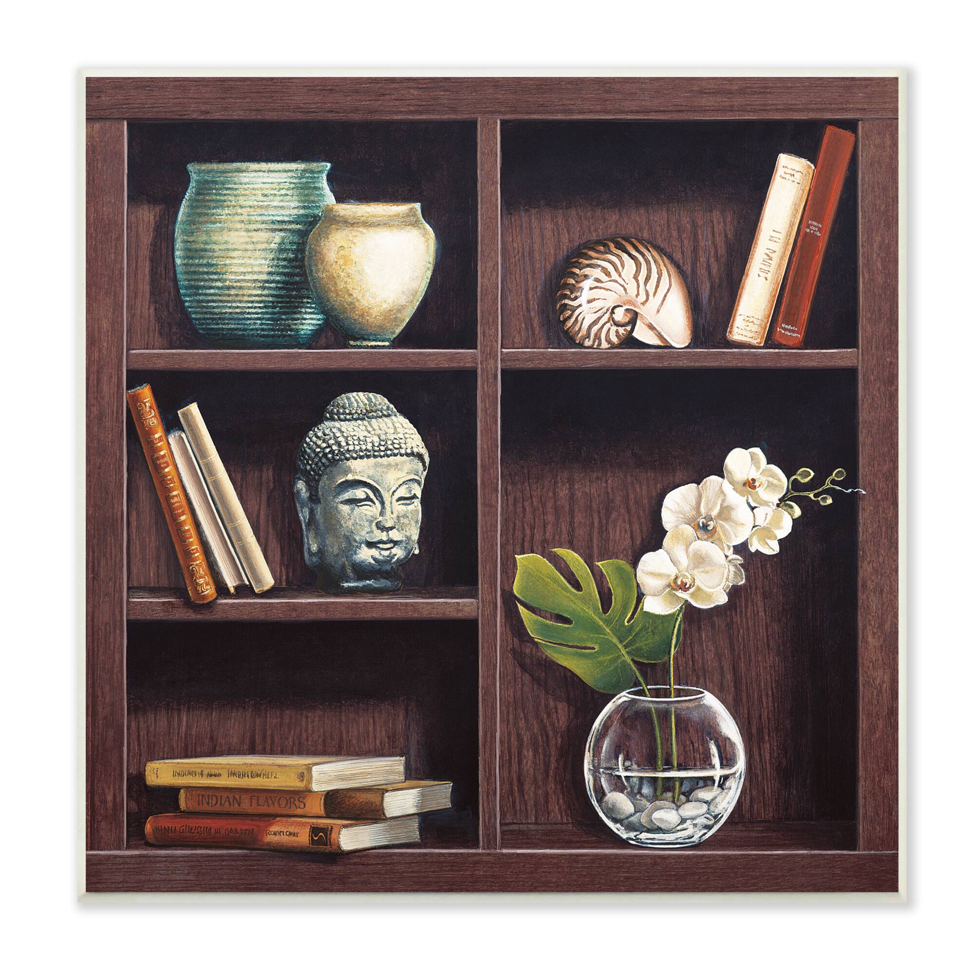 Stupell Industries Eastern Culture Inspired Bookshelf with Floral Vase Still-Life, 12" x 12"
