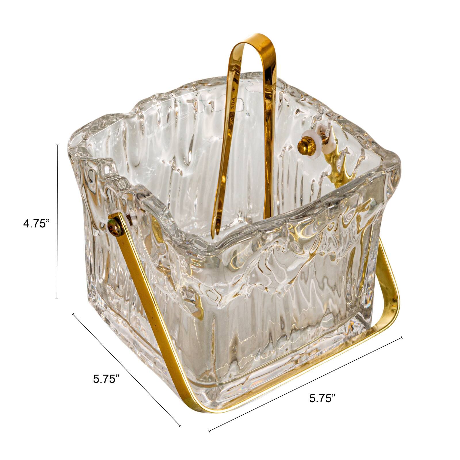 Hello Honey 24-Ounce Textured Glass Ice Bucket with Gold Finish Handle and Tongs, Clear/Gold