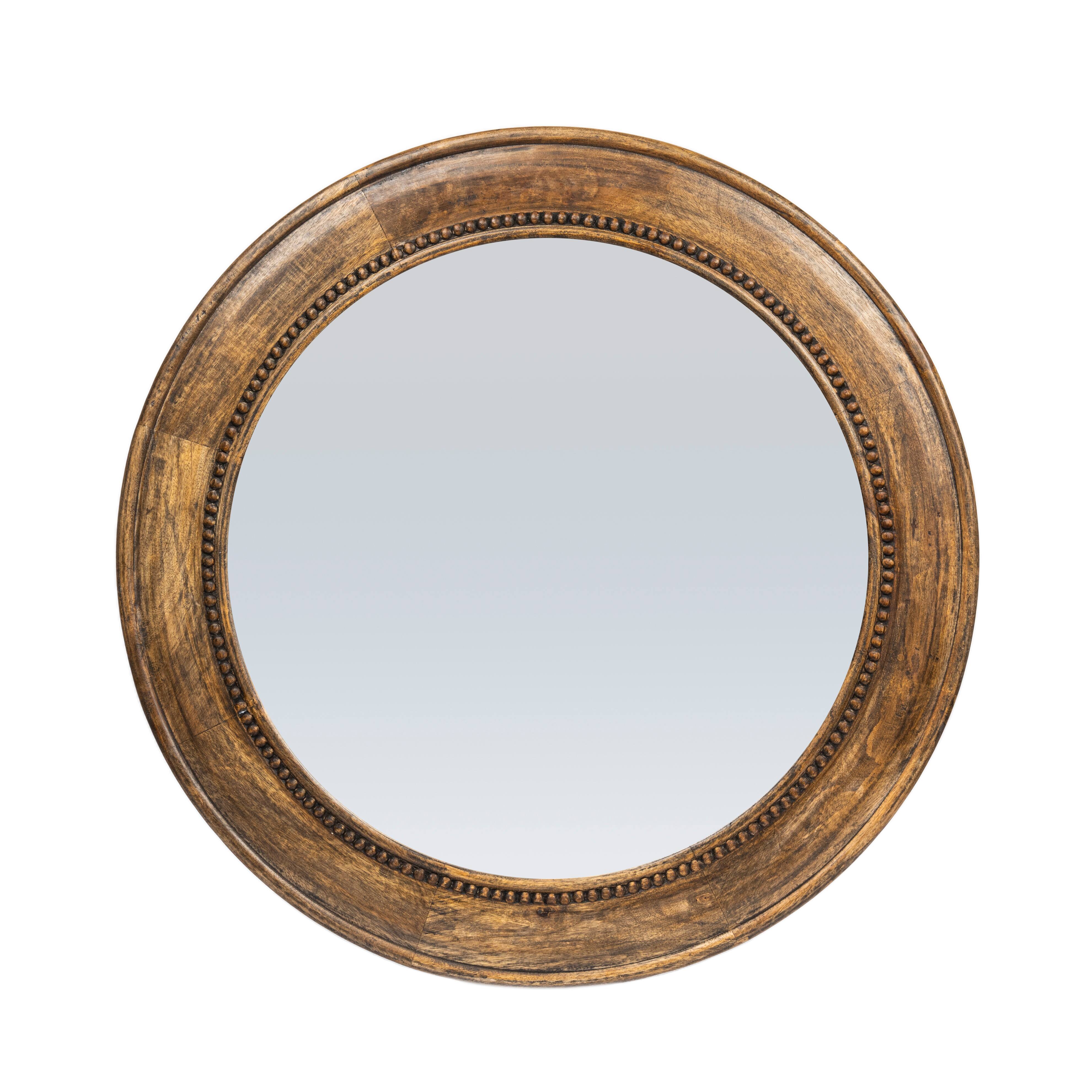Round Carved Wood Framed Wall Mirror with Hobnail Detail, Walnut