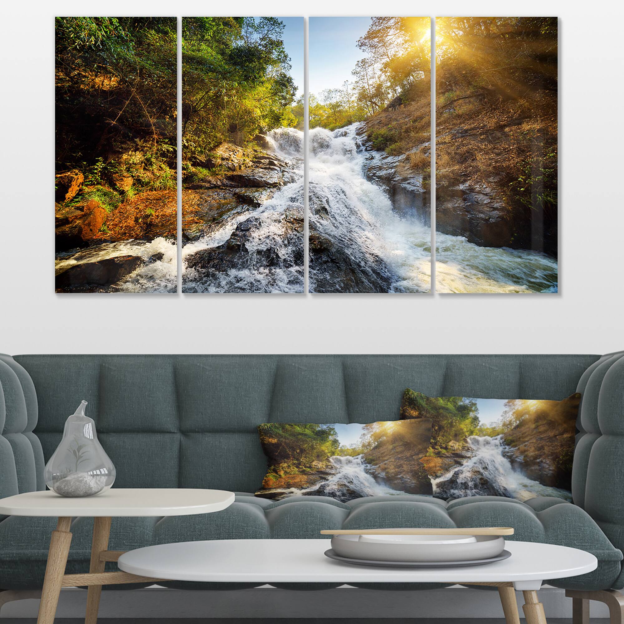 Designart - Waterfall through the Forest - Landscape Canvas Art Print