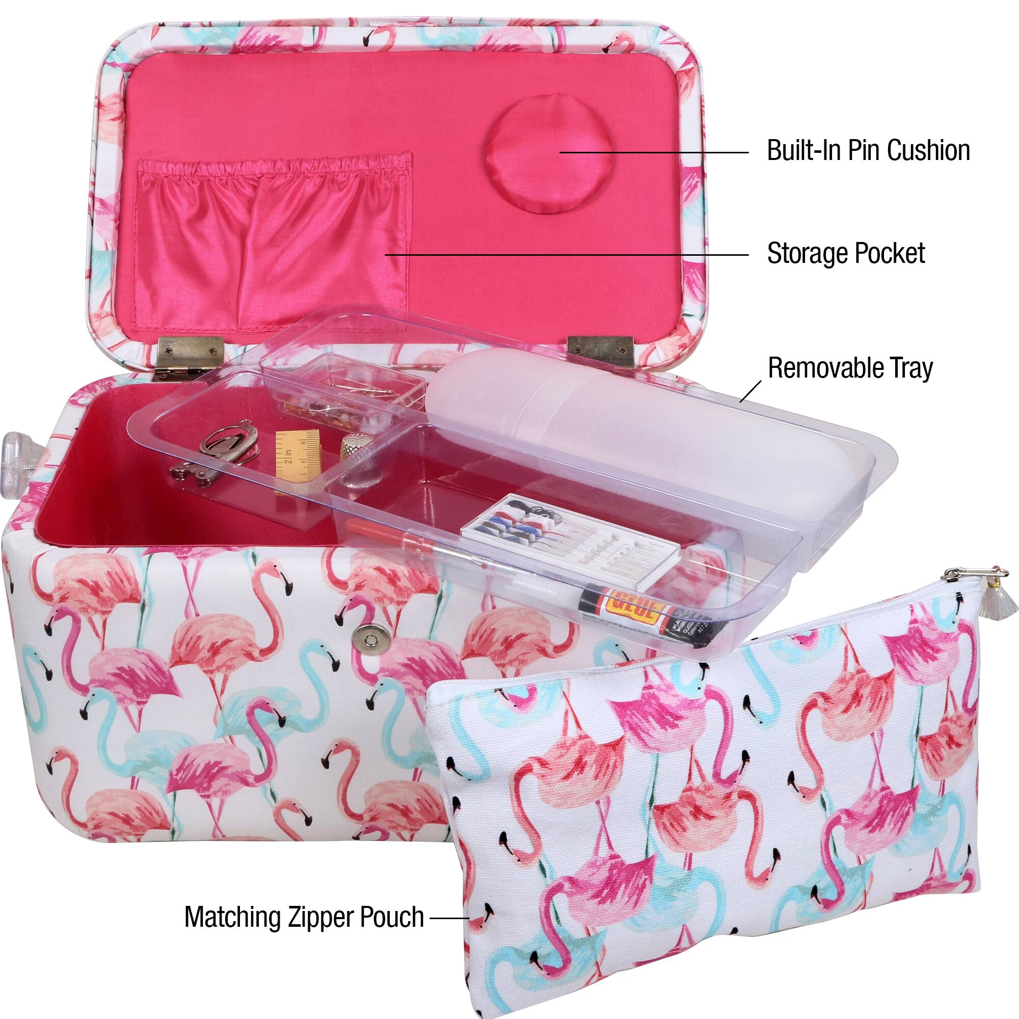 SINGER® Large Flamingo Print Sewing Basket with Matching Pouch Sew Kit