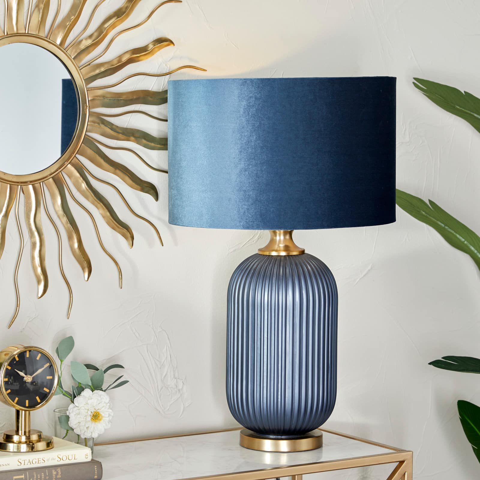 Blue Velvet Transitional Table Lamp, 26" x 16" x 16"