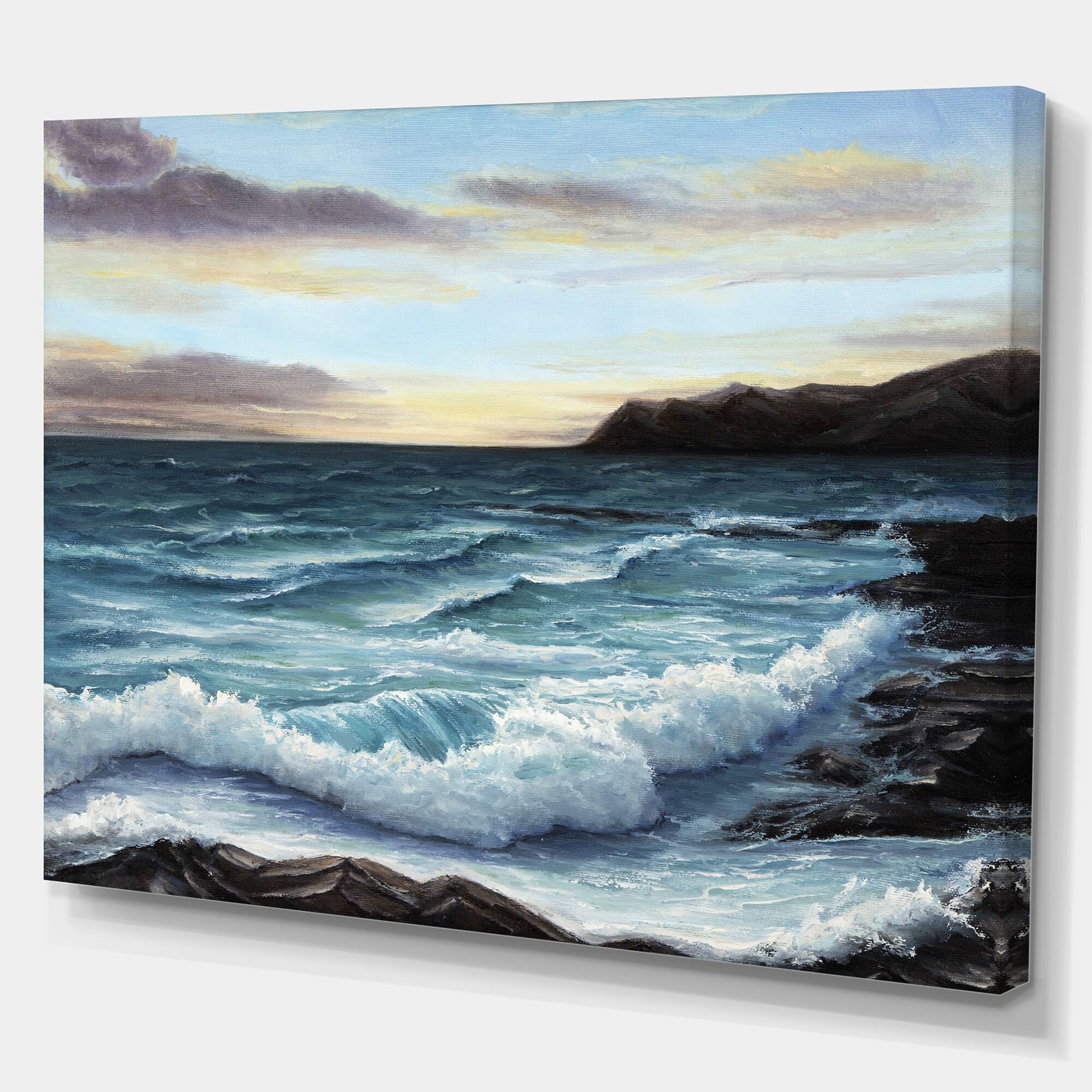 Designart - Ocean Waves at Seashore - Sea &#x26; Shore Painting Print on Wrapped Canvas