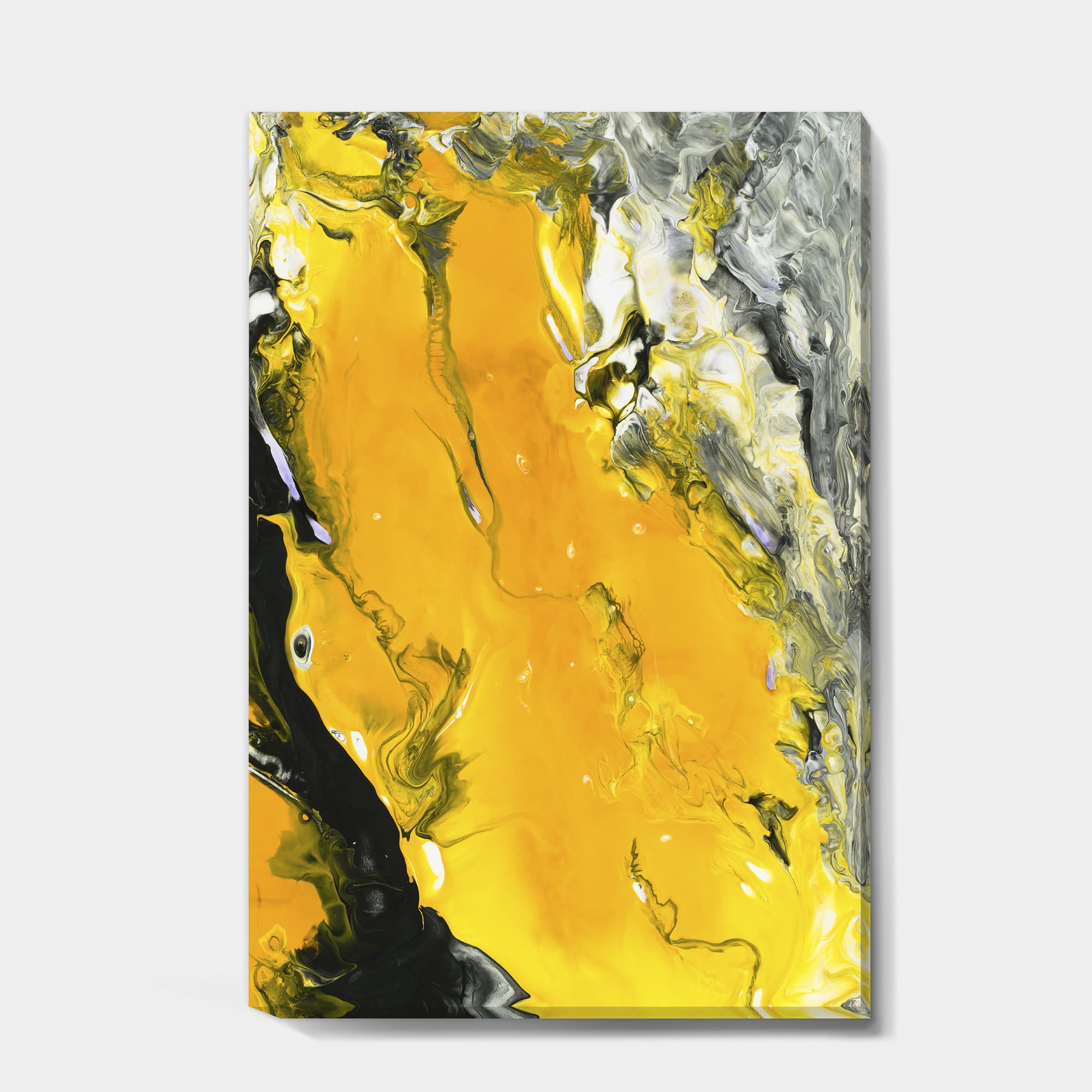 Designart - Yellow , Black and Marbled Acrylic Painting - Modern & Contemporary Premium Canvas Wall Art