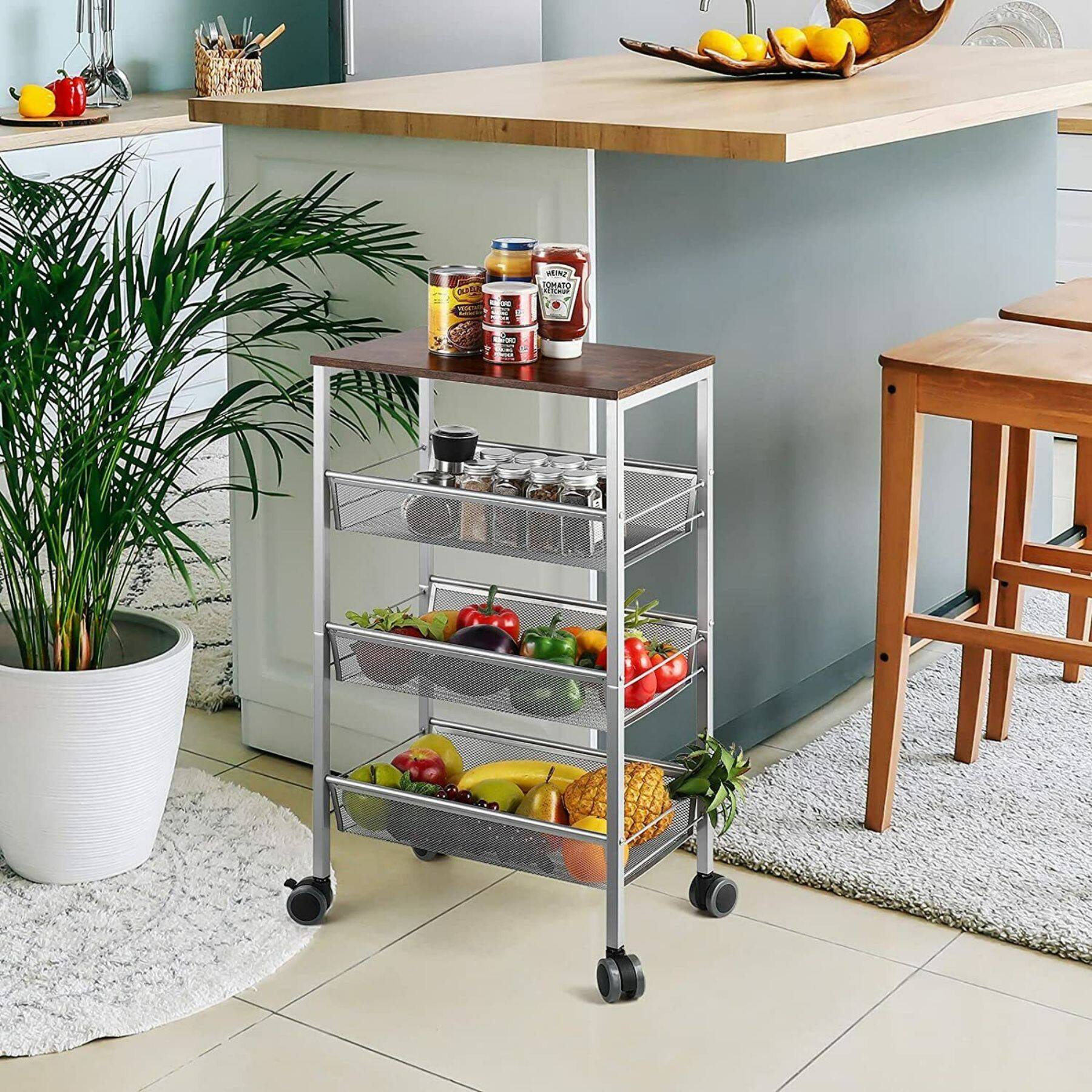 Silver 3-Tier Rustic Kitchen Cart