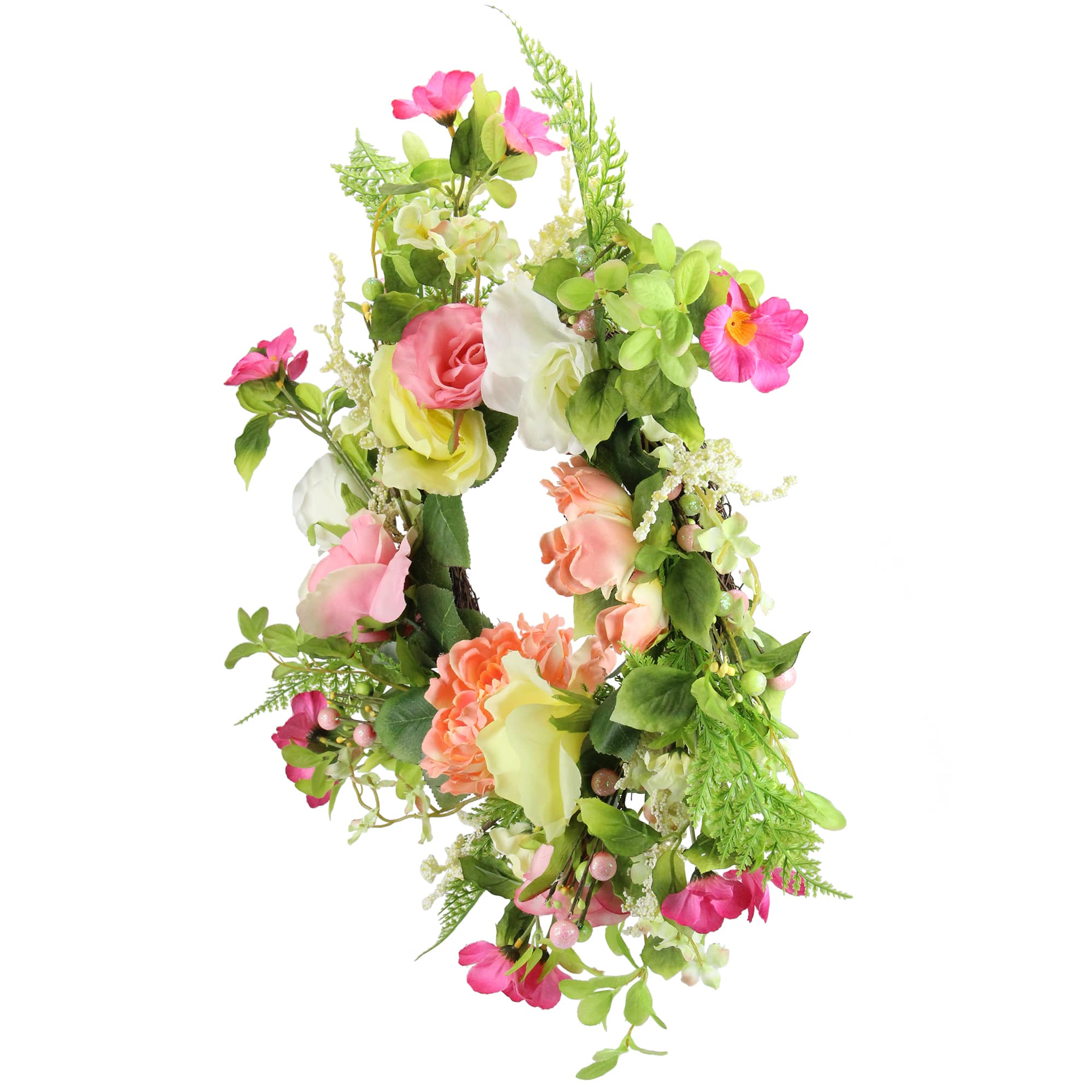 22" Pink & Yellow Rose & Peony Floral Artificial Spring Wreath