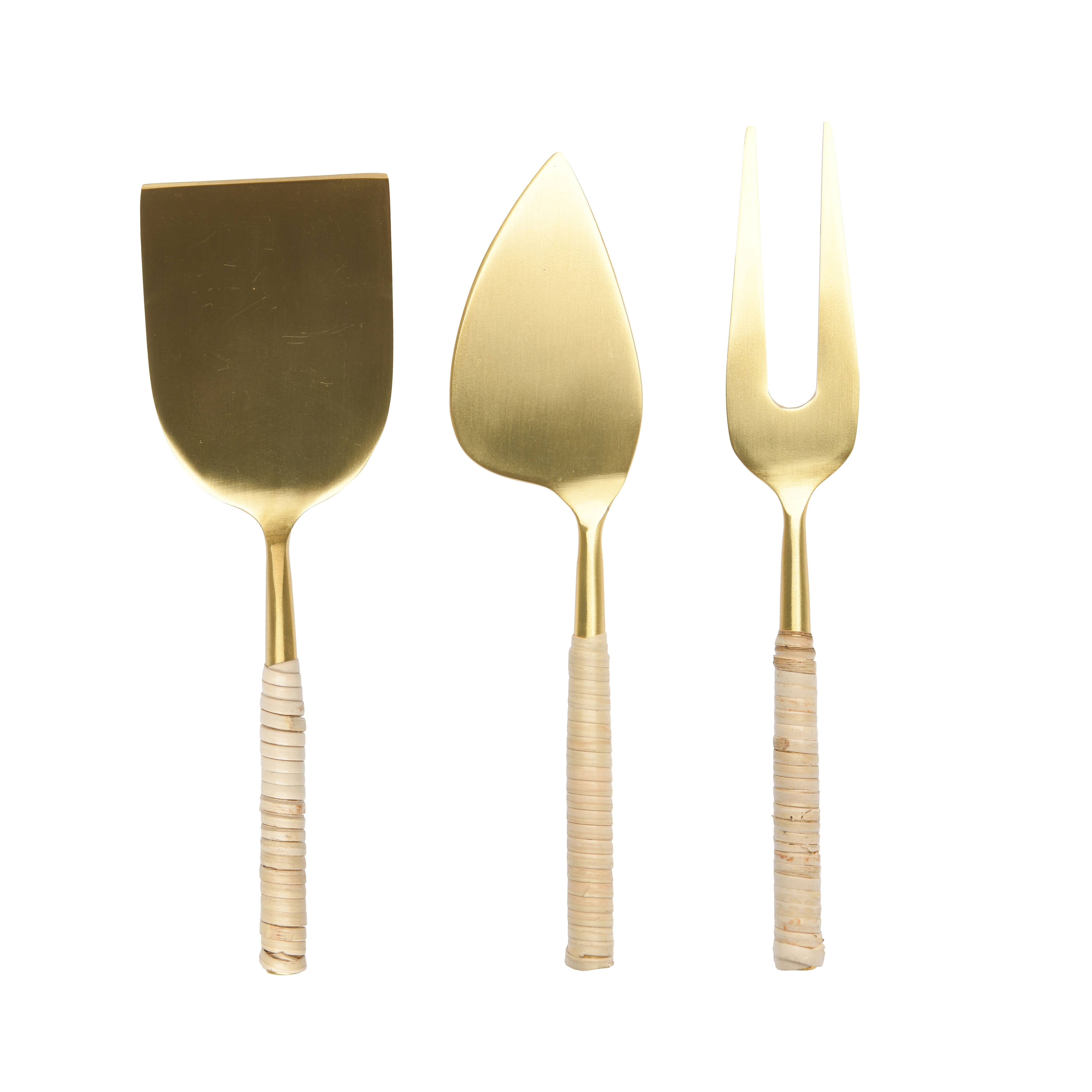 Gold Stainless Steel Cheese Servers with Woven Rattan Handles Set