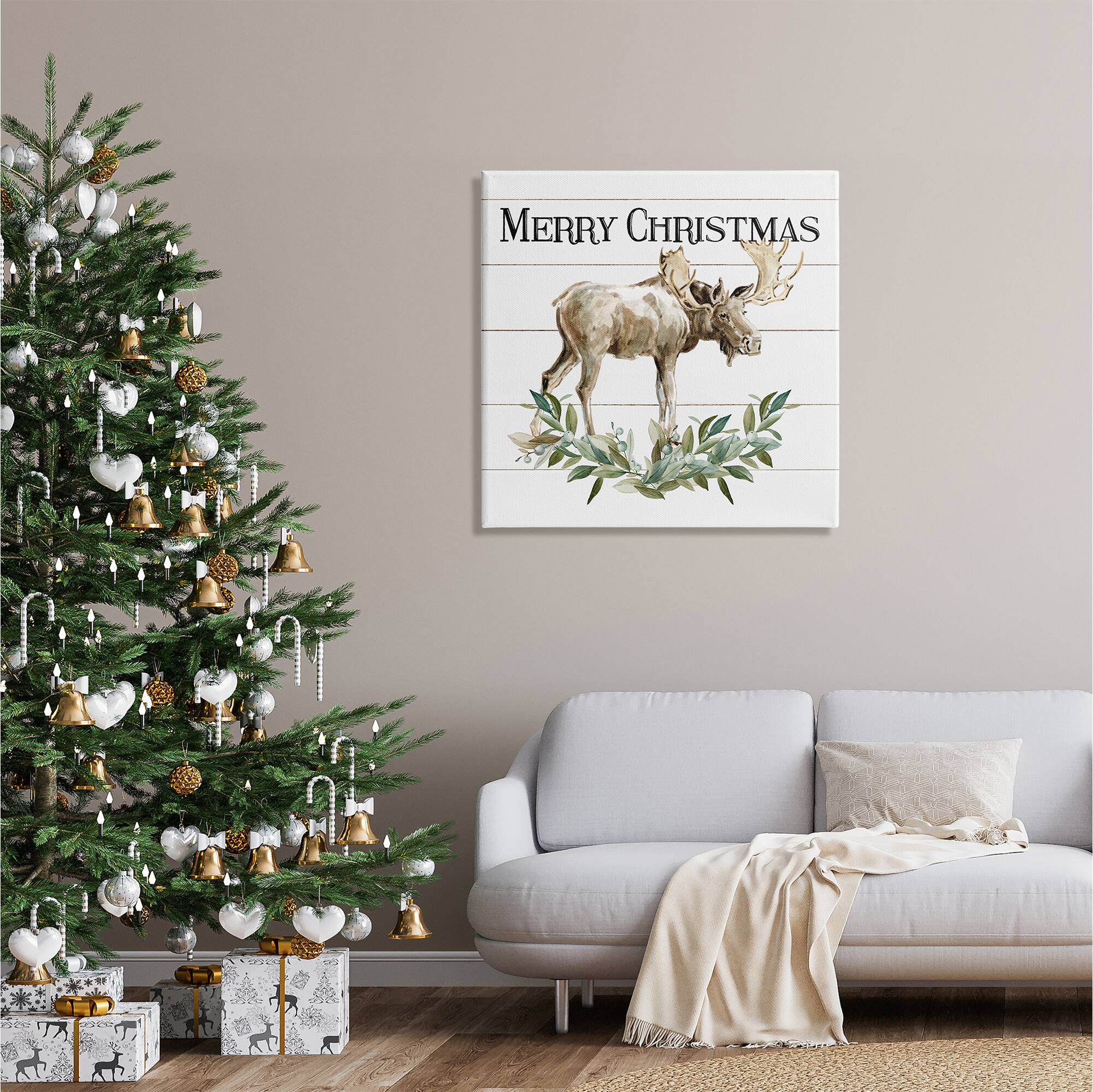 Stupell Industries Merry Christmas Moose Laurel Canvas Wall Art