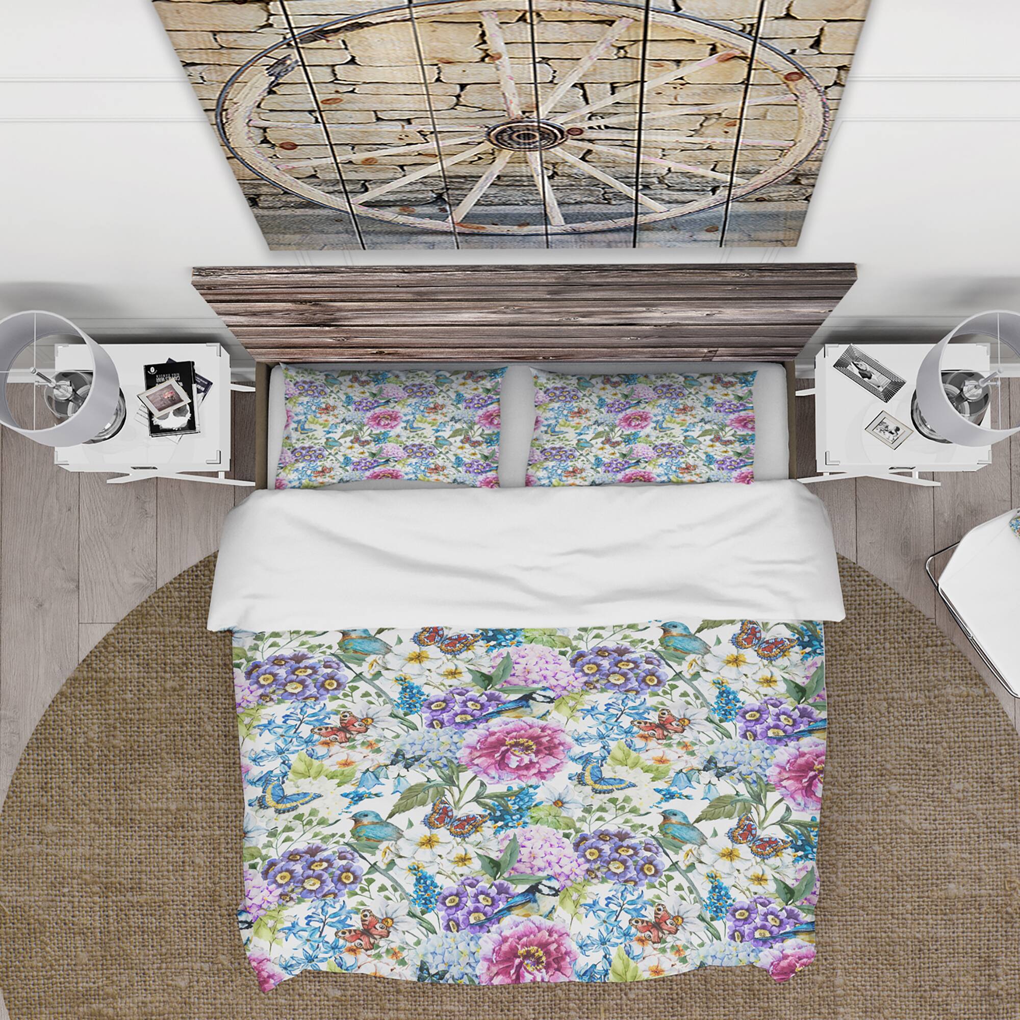 Designart &#x27;Blue Bird And Blue and Purple Blossoming Flowers&#x27; Floral Bedding Set - Duvet Cover &#x26; Shams