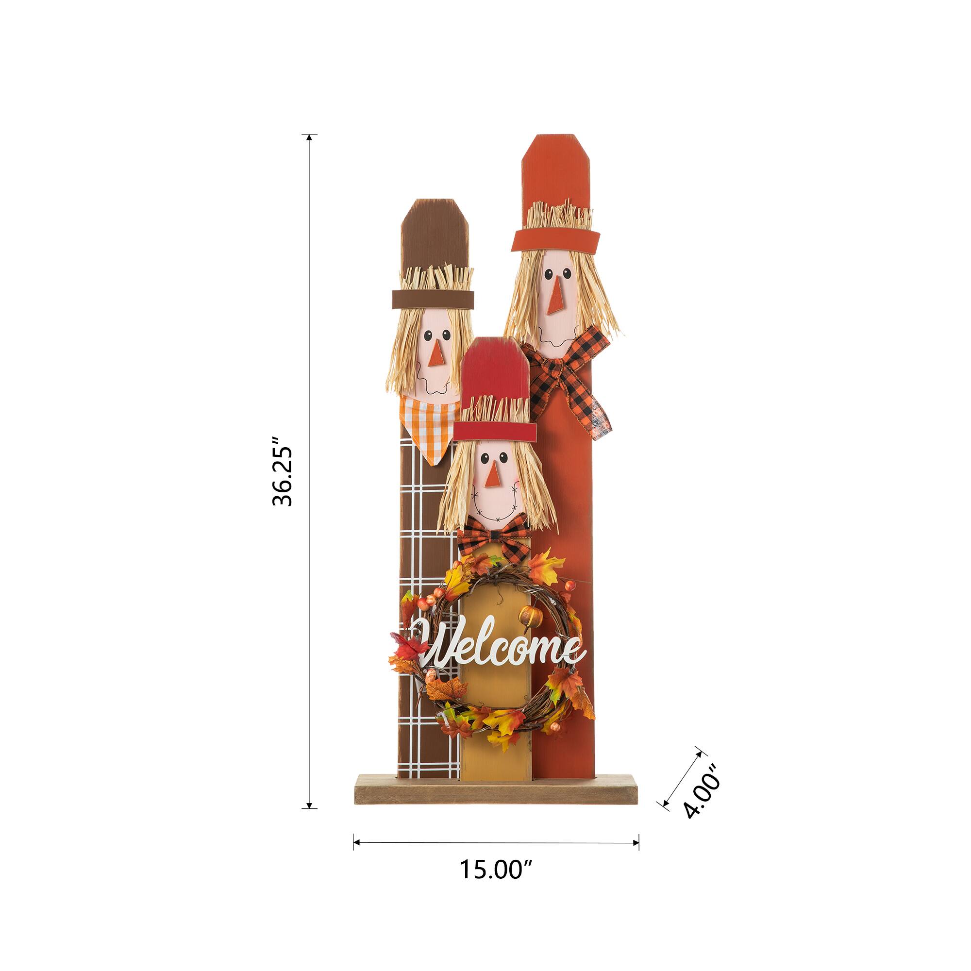 Glitzhome&#xAE; 36.25&#x22; Wooden Scarecrow Family Porch D&#xE9;cor with Lighted Wreath &#x26; Timer