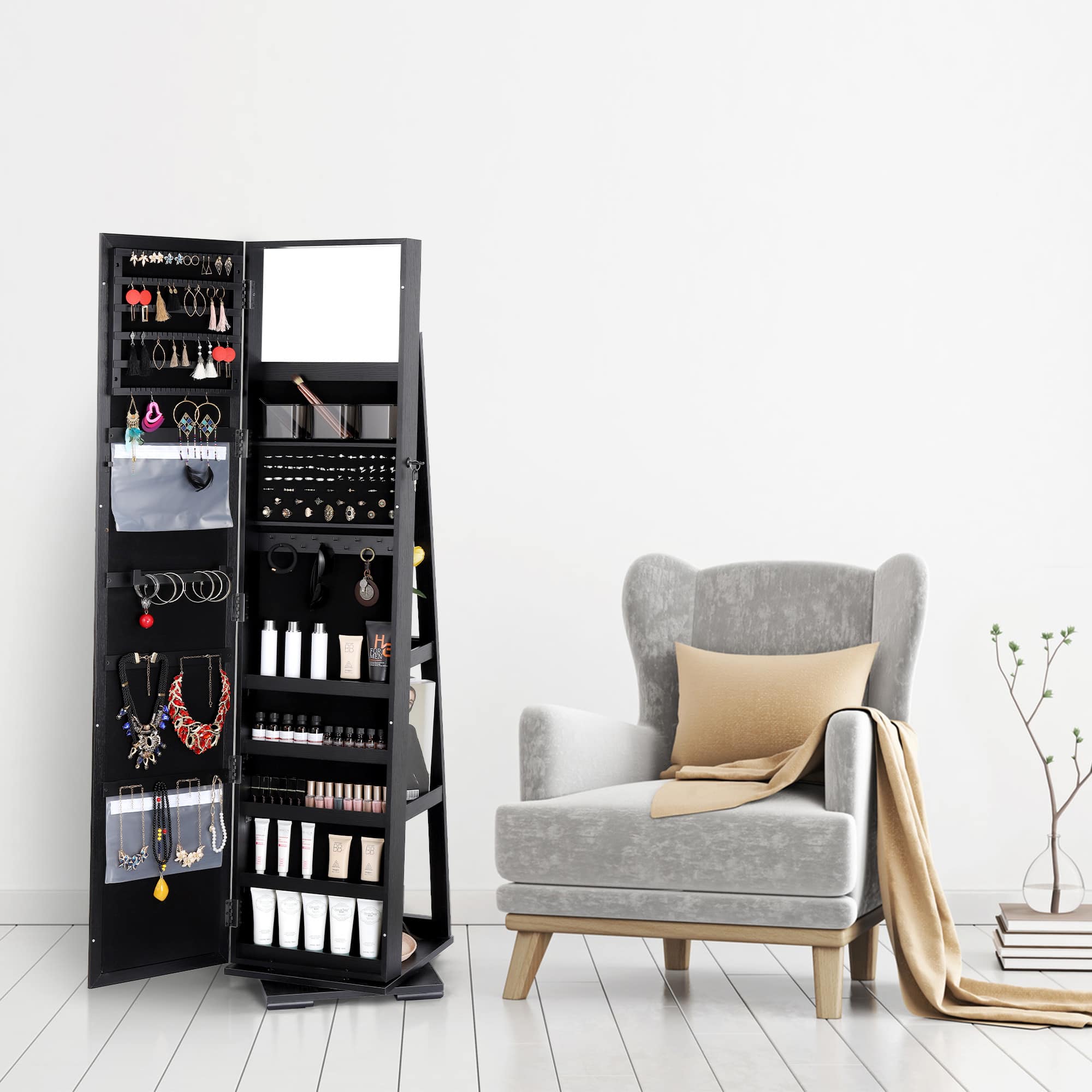 NEX&#x2122; Black 360 Degree Rotatable Jewelry Armoire with Free-Standing Mirror