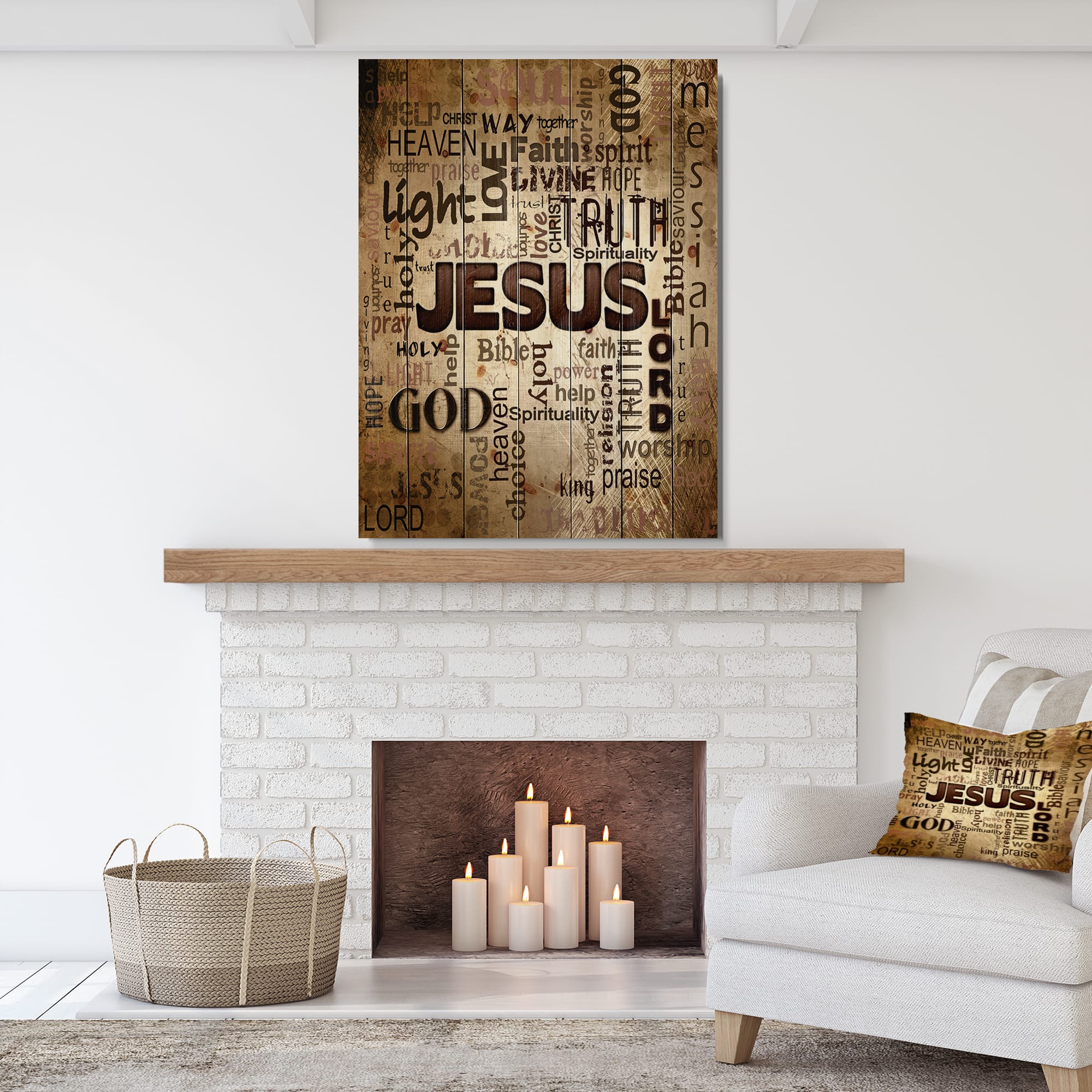 Designart - Jesus&#x27; word cloud in grunge background - Religious Contemporary Print on Natural Pine Wood