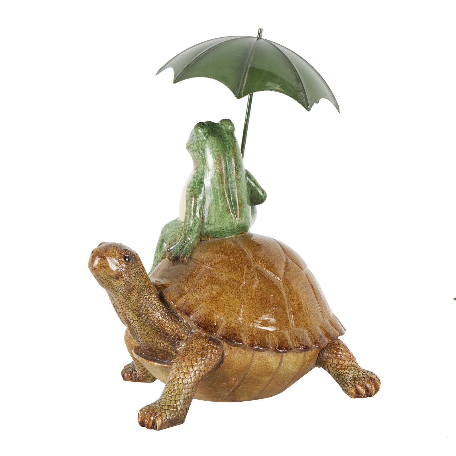 12&#x22; Bronze Sitting Frog Sculpture with Umbrella &#x26; Brown Walking Turtle